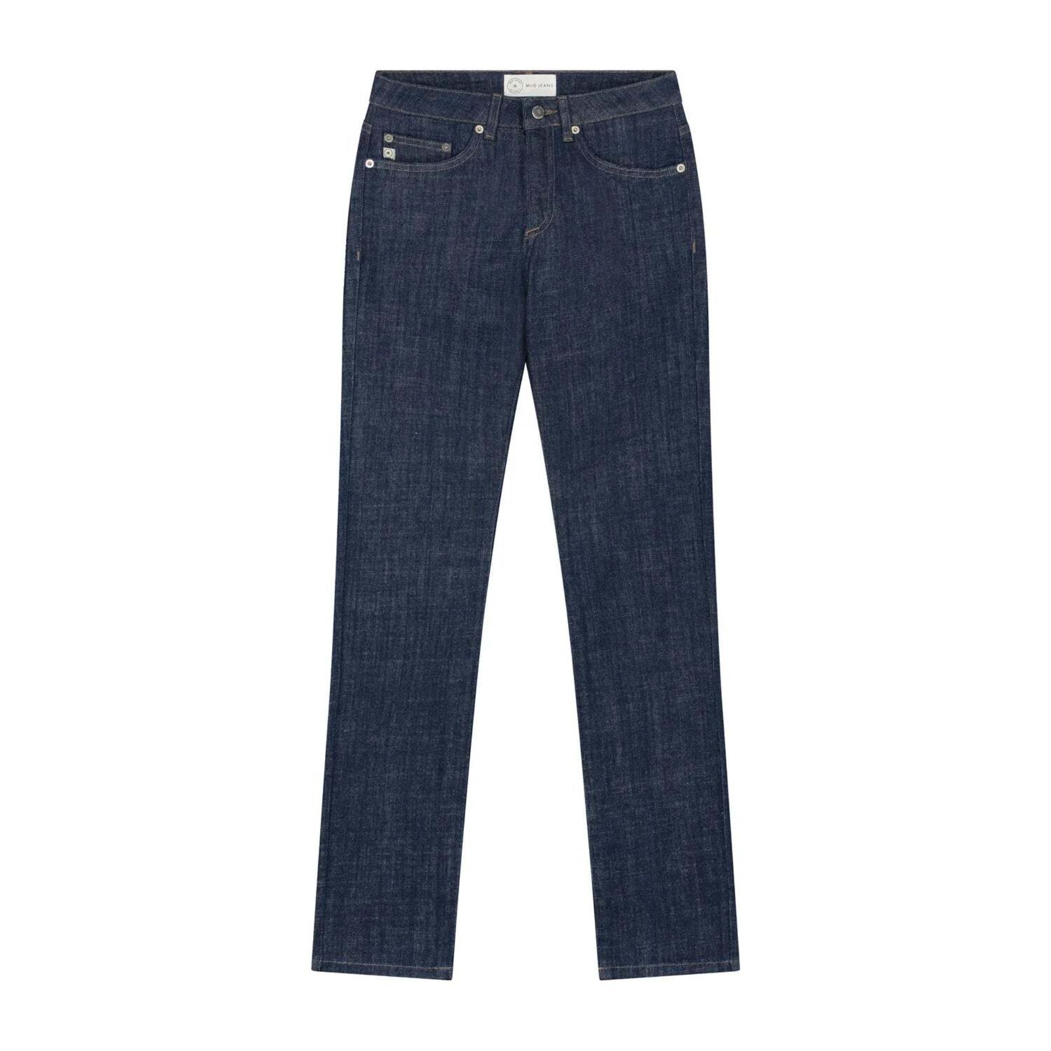 Dunkelblaue Jeanshose mit geradem Schnitt und fünf Taschen, auf weißem Hintergrund abgebildet.