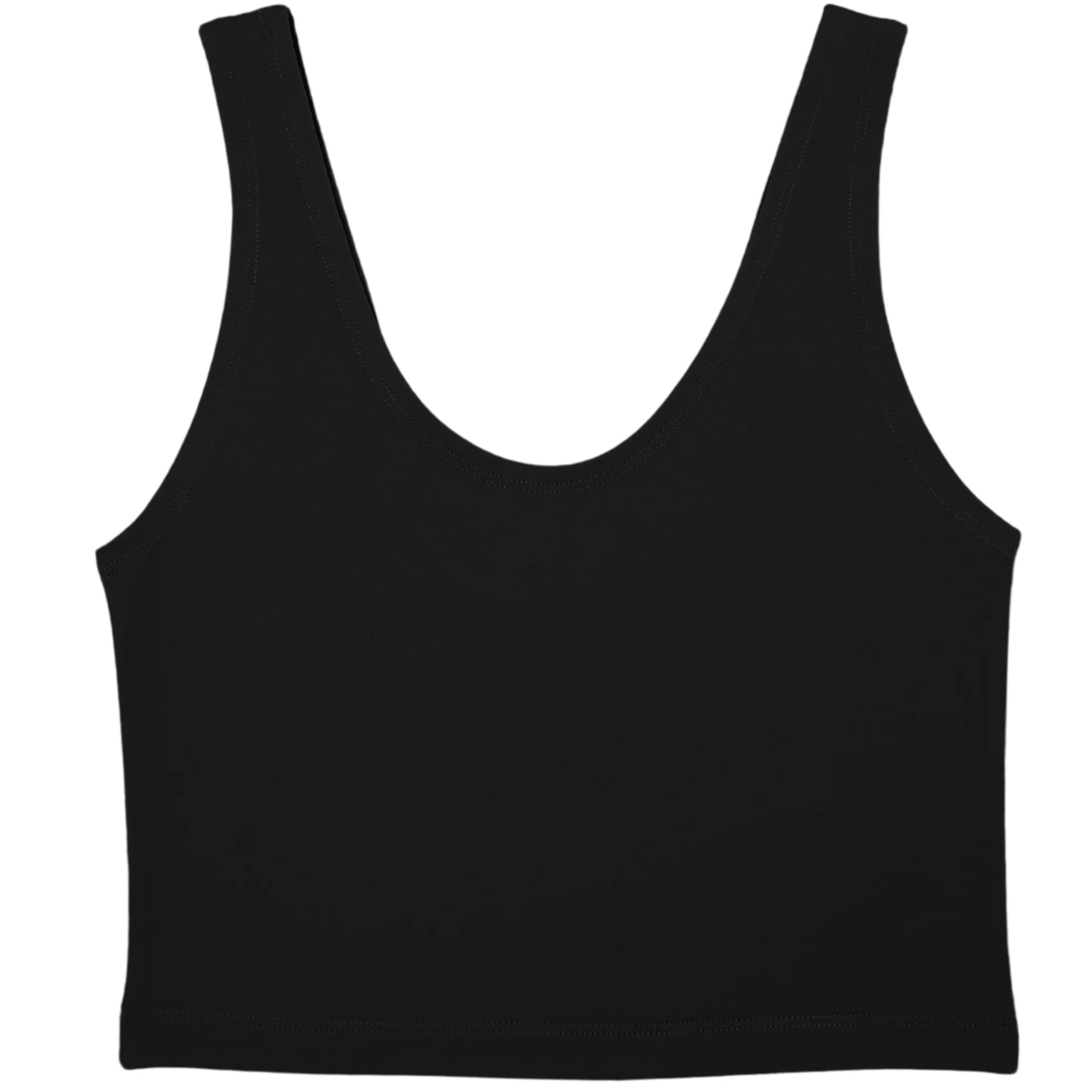 Schwarzes Tanktop mit breiten Trägern und rundem Ausschnitt, auf weißem Hintergrund.