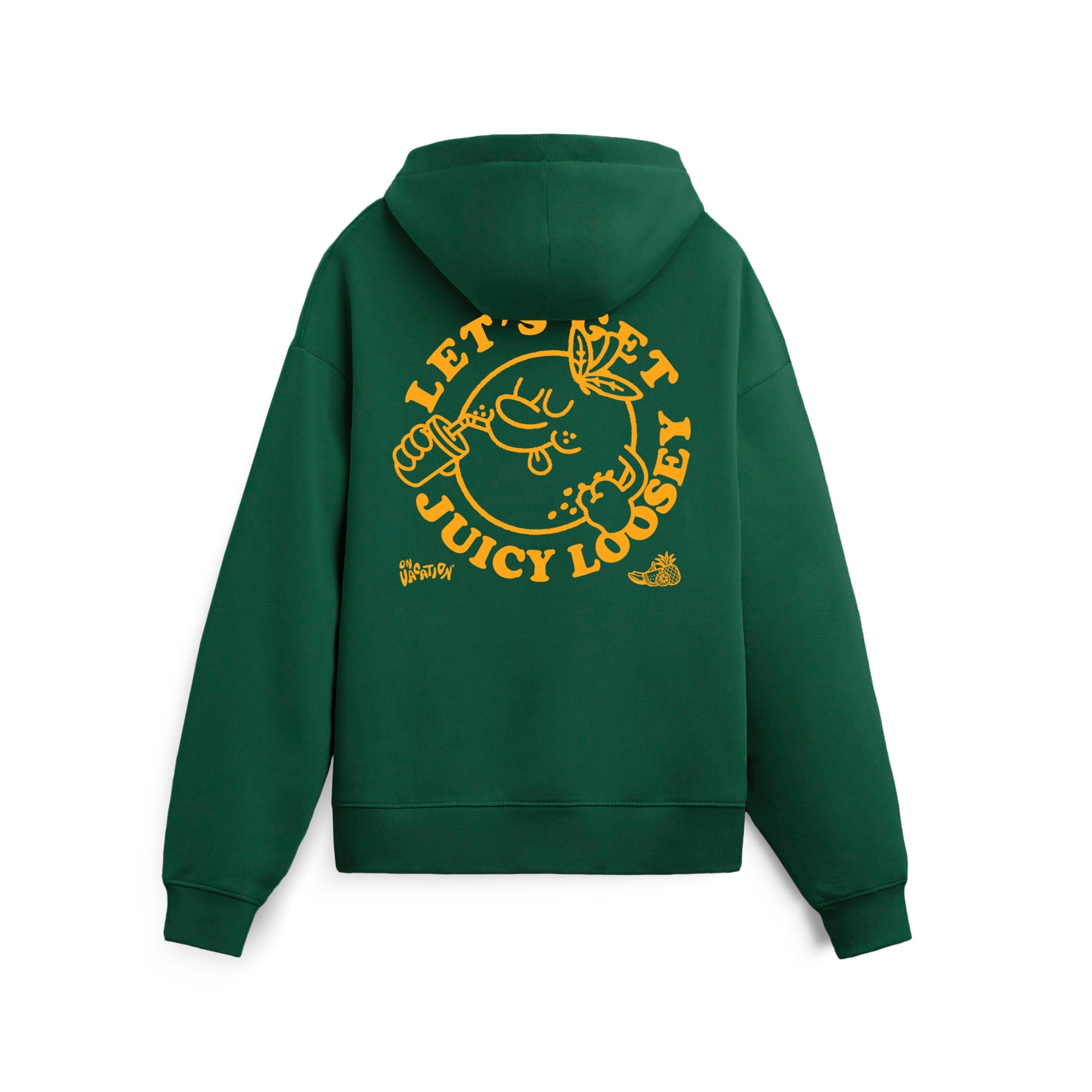Dunkelgrüner Kapuzenpullover mit einer gelben Grafik auf dem Rücken, die einen lächelnden Burger und Cartoon-Hände zeigt, mit dem Text "LETS GET JUICY LOOSEY" in fetten Buchstaben um die Grafik herum.