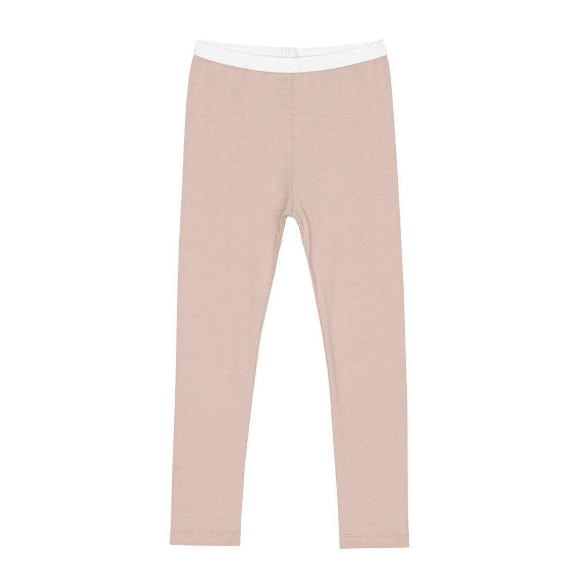 Hellbeige Kinderleggings mit weißem Gummibund, flach auf weißem Hintergrund.