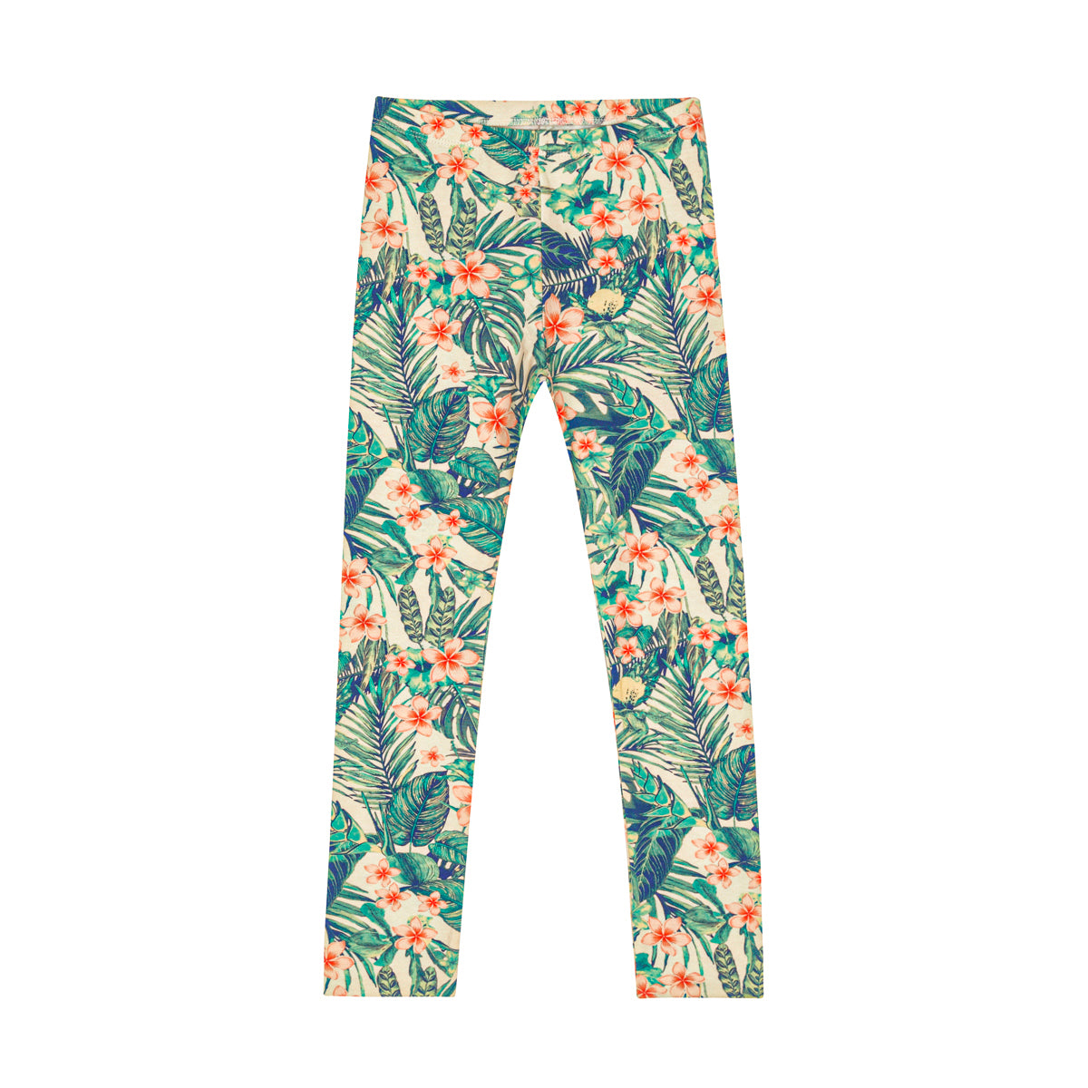 Bunte Leggings mit einem tropischen Blumenmuster in Grün-, Blau-, Orange- und Weißtönen, mit Blättern und Blumen auf dem gesamten Stoff. Die Leggings liegen flach auf einem weißen Hintergrund.