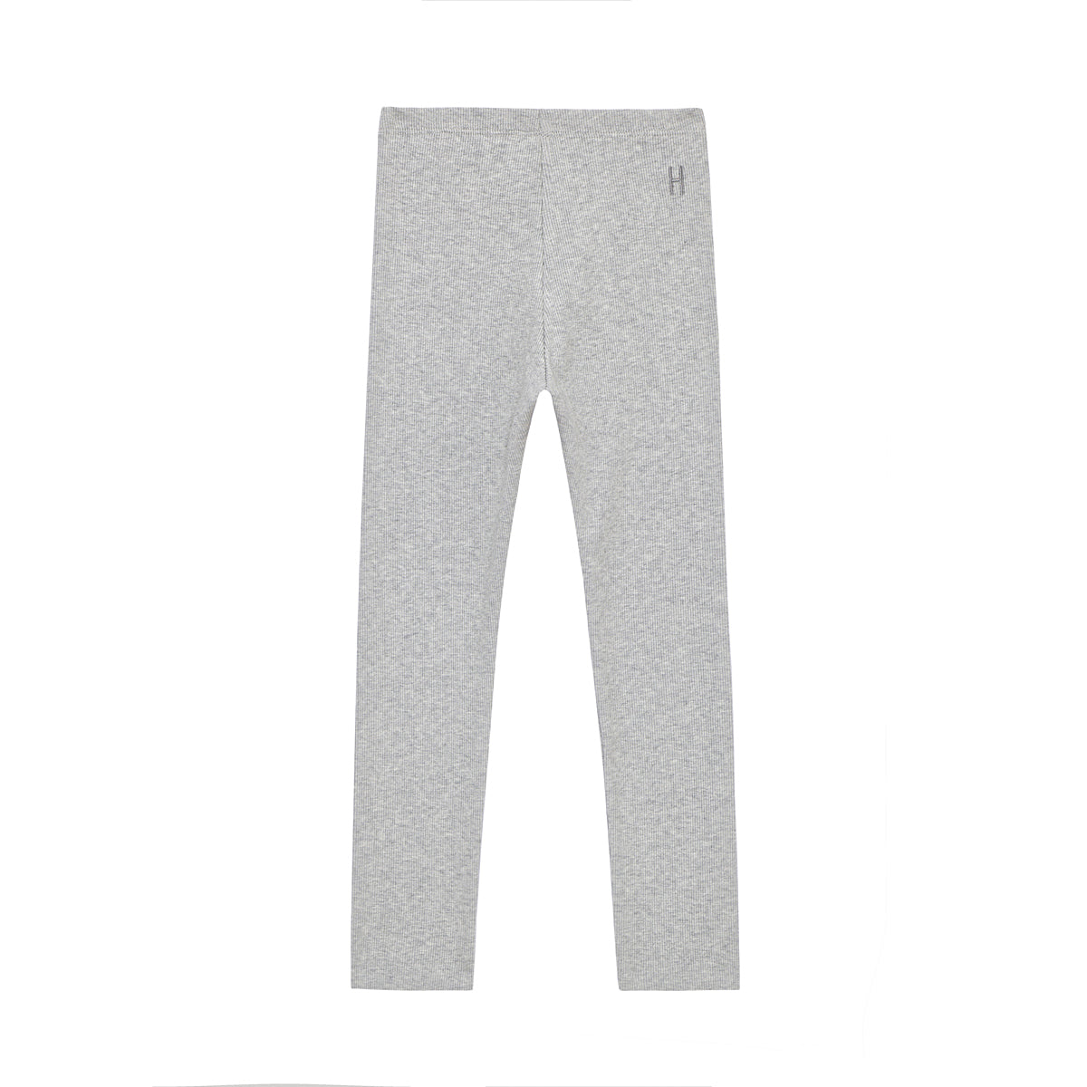Hellgraue, bodenlange Leggings auf weißem Grund mit einem kleinen H-Logo in der Nähe der linken Hüfte.