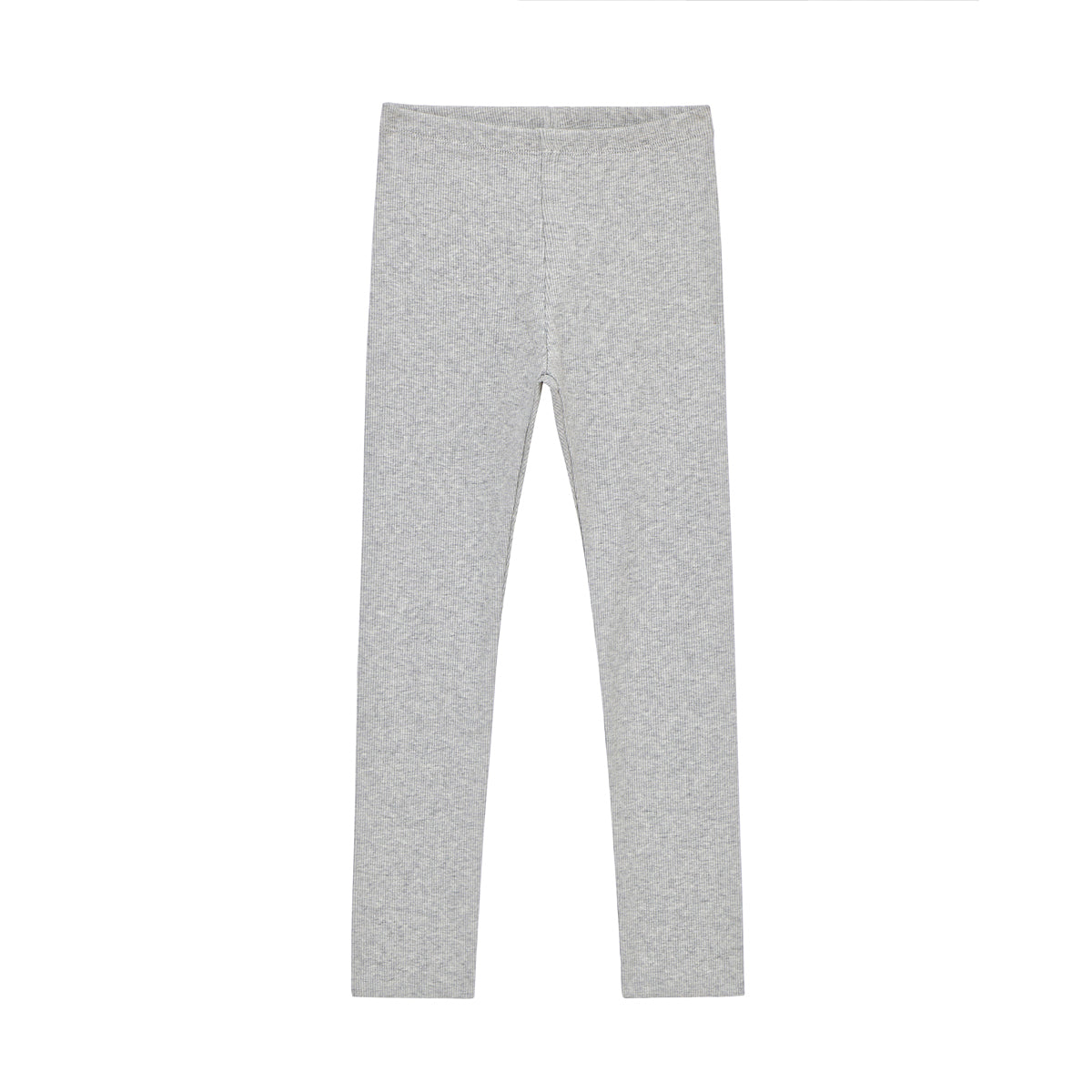 Ein Paar einfarbige, hellgraue Leggings, die flach auf einem weißen Hintergrund liegen.