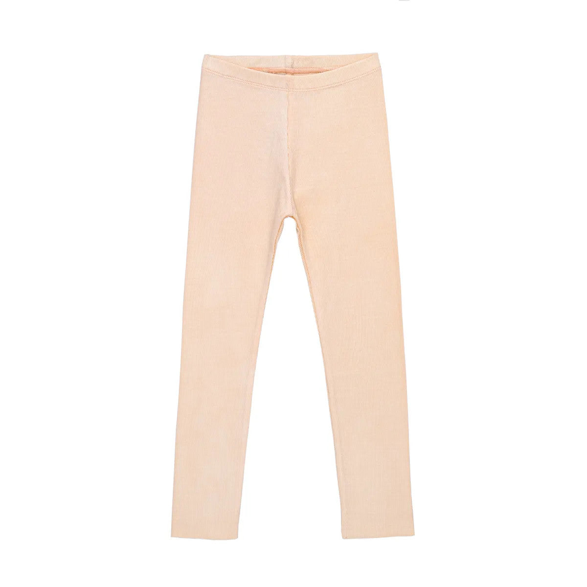 Pfirsichfarbene, gerippte Leggings in voller Länge, flach auf weißem Grund.