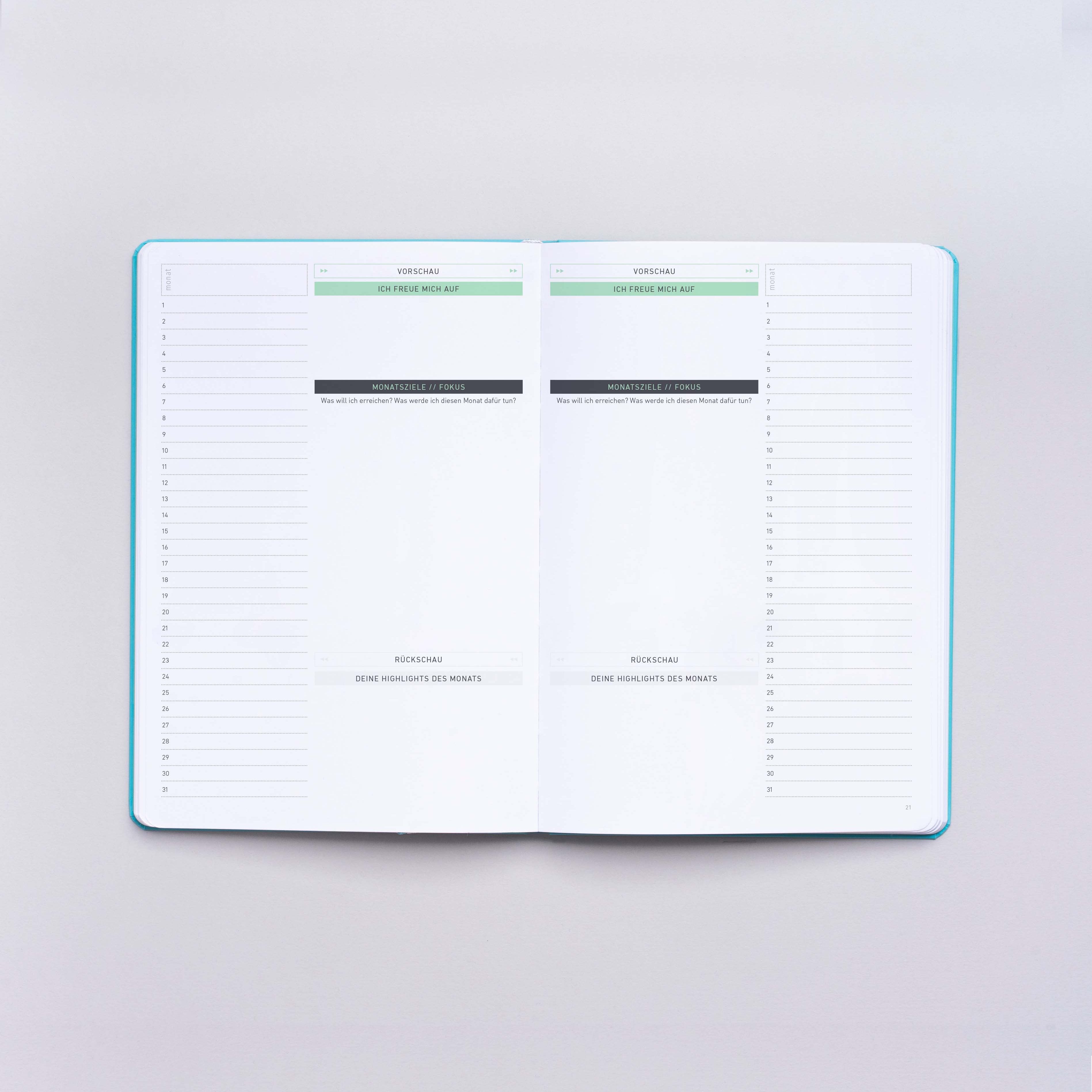 Offenes Notizbuch mit leerem Kalendarium für einen Monat, Platz für Monatsziele, Vorschau und Rückschau.