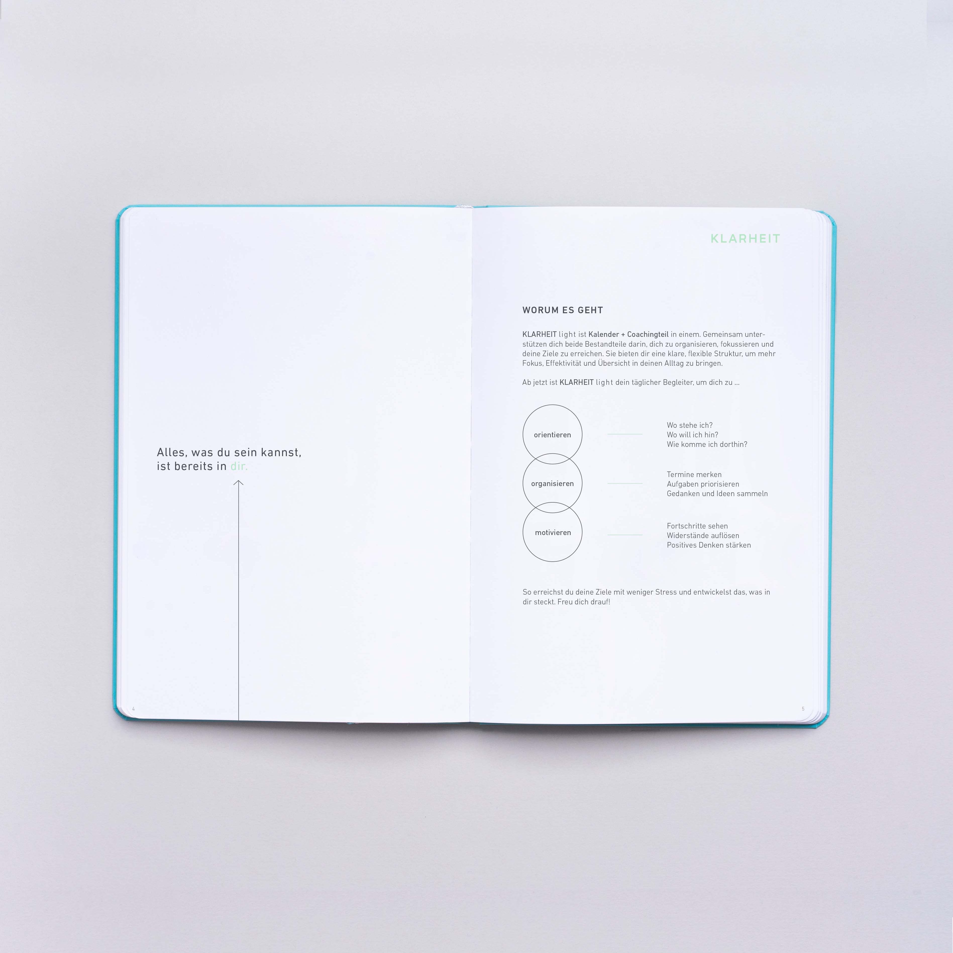 Offenes Buch mit Text über Ziele und Fähigkeiten, ein Diagramm und den Satz: "Alles, was du sein kannst, ist bereits in dir."