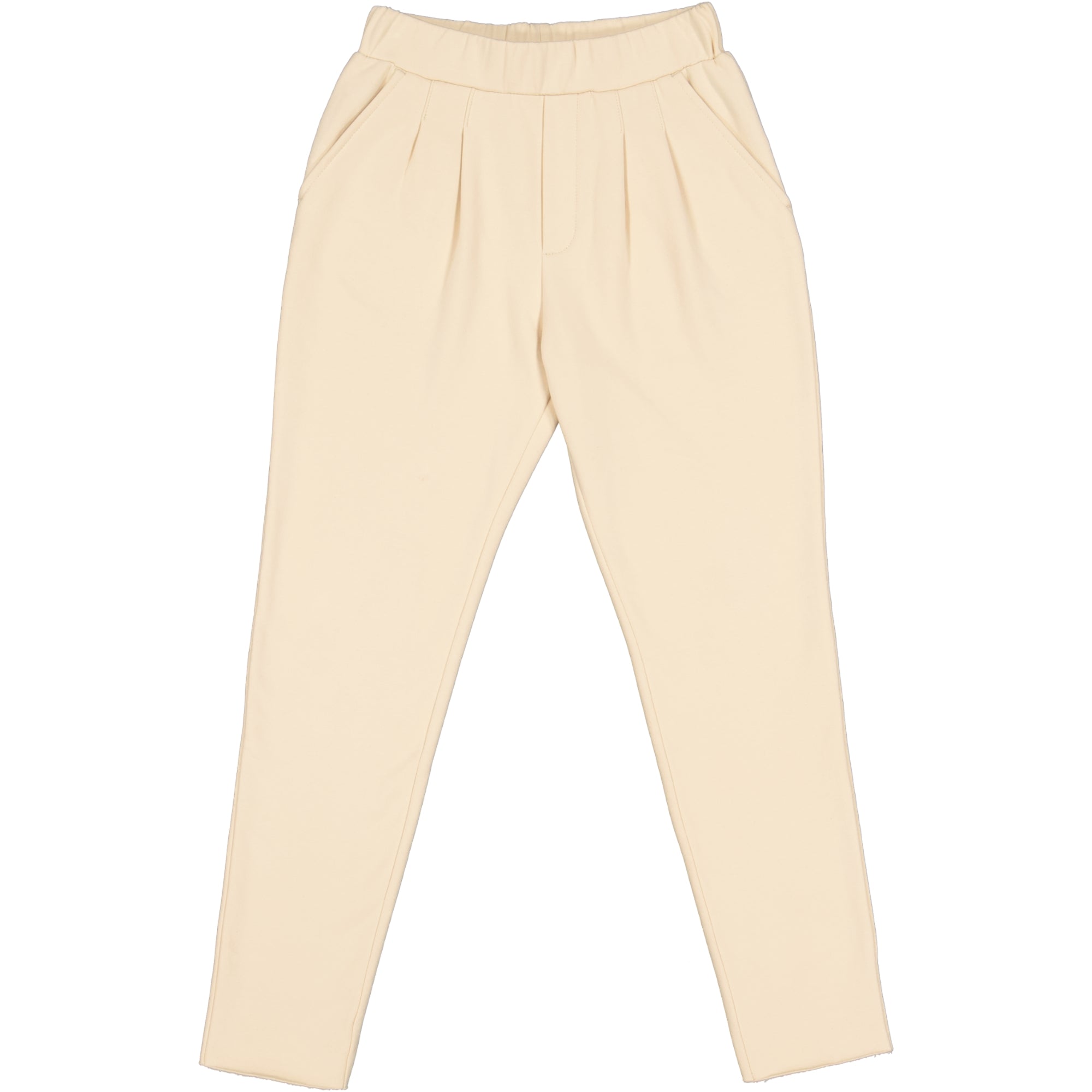 Beigefarbene, hochtaillierte Bundfaltenhose mit elastischem Bund und spitz zulaufendem Bein, auf weißem Grund.