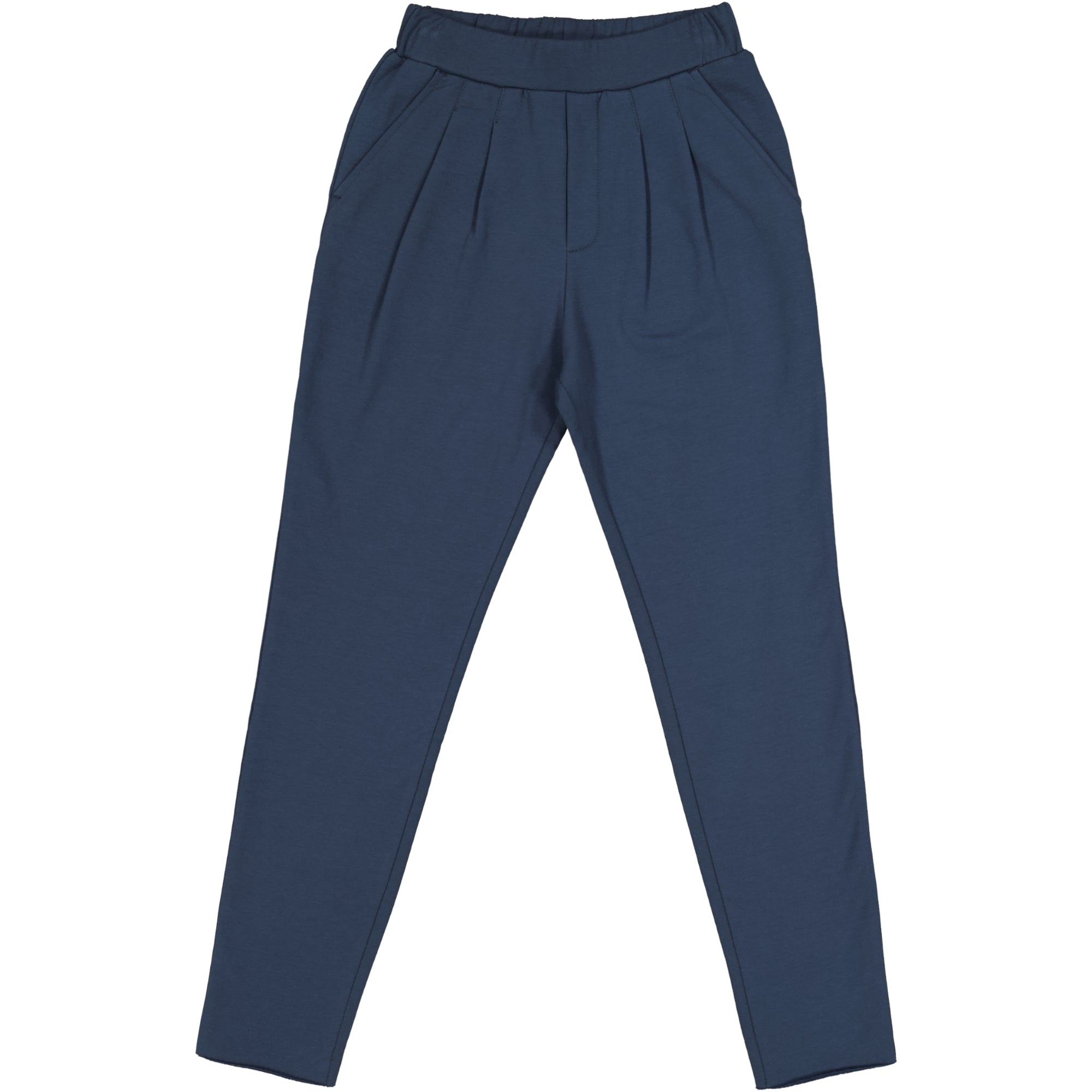 Marineblaue Hose mit hoher Taille, elastischem Bund, plissierter Vorderseite und spitz zulaufenden Beinen, flach auf weißem Hintergrund.
