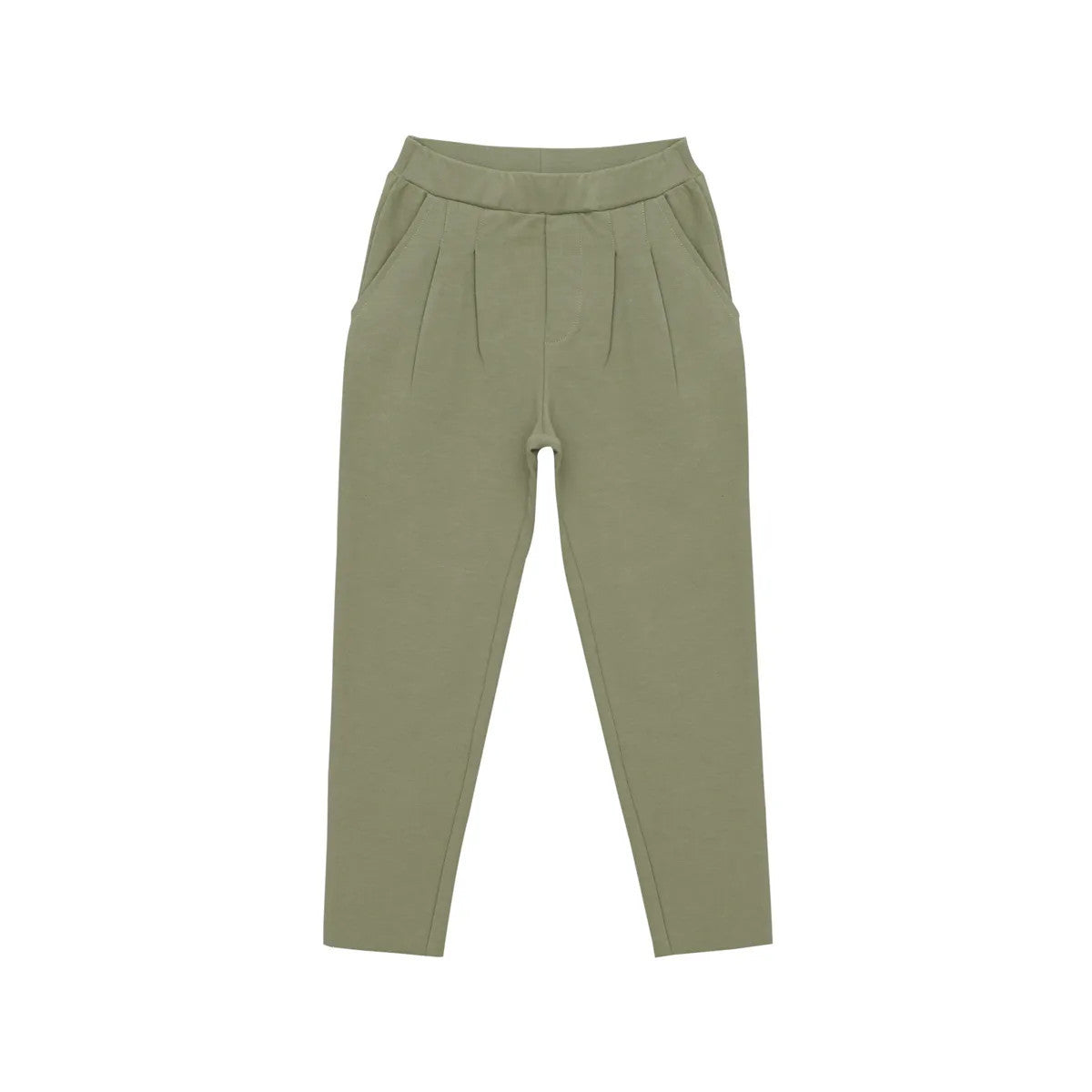 Hellolivgrüne Hose mit hoher Taille, Bundfalten und Seitentaschen, flach auf weißem Grund.