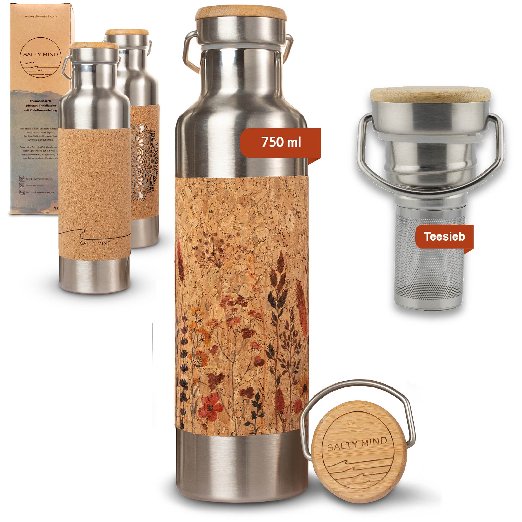 Isolierflaschen aus Edelstahl mit Korkhülle und floralem Muster, einem Teesieb und einem Bambusdeckel, 750 ml.