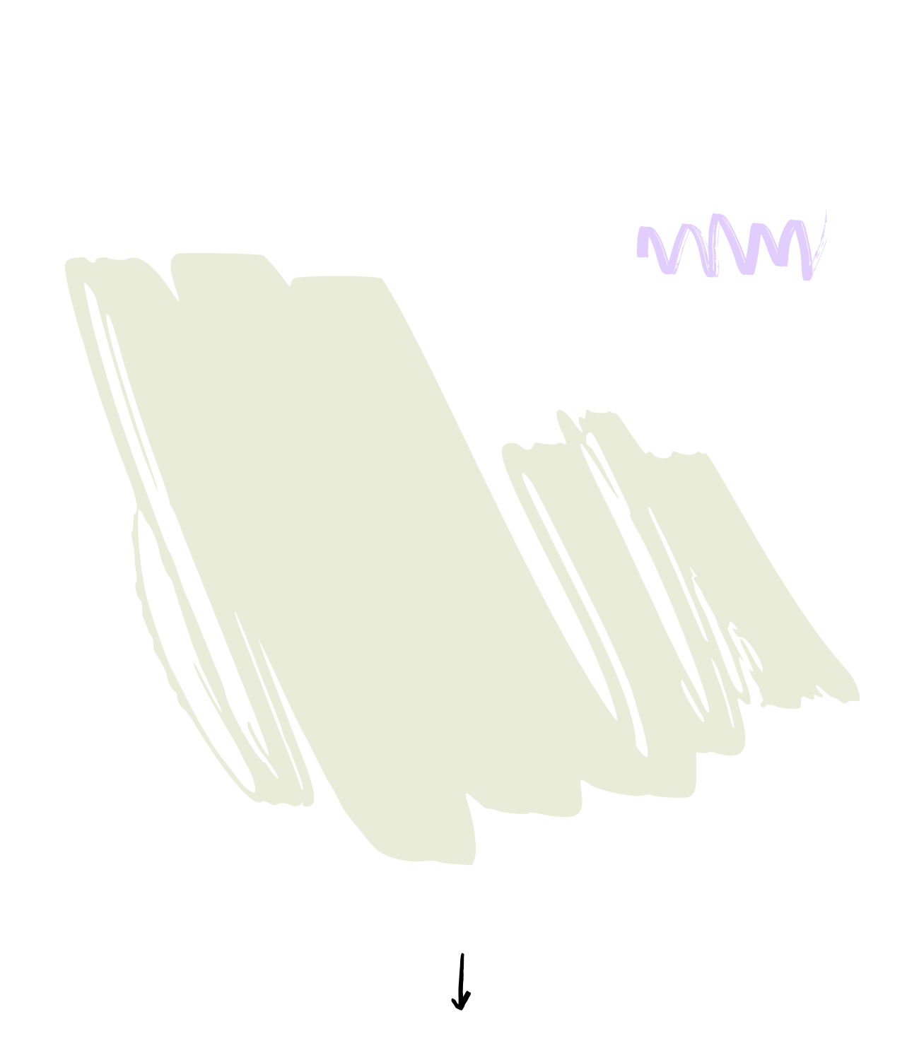 Abstrakte cremefarbene Pinselstriche auf schwarzem Hintergrund mit lila Zickzacklinie.