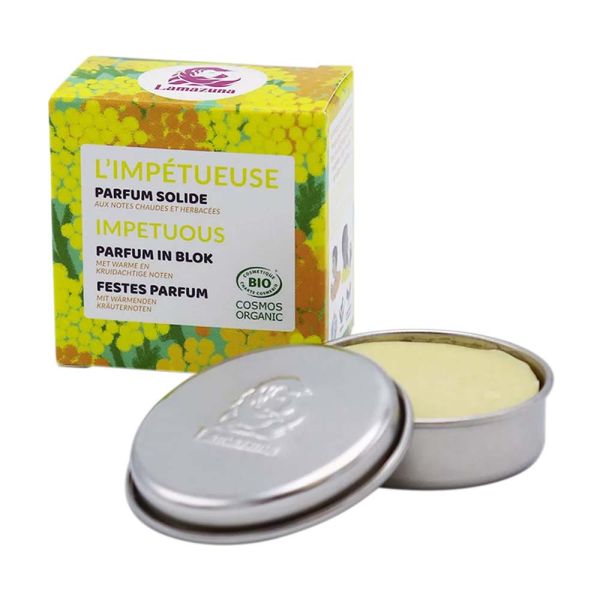 Dose feste Parfüm "L'IMPTÉTUEUSE" mit gelber Verpackung und offenem Metalldeckel, BIO-zertifiziert.