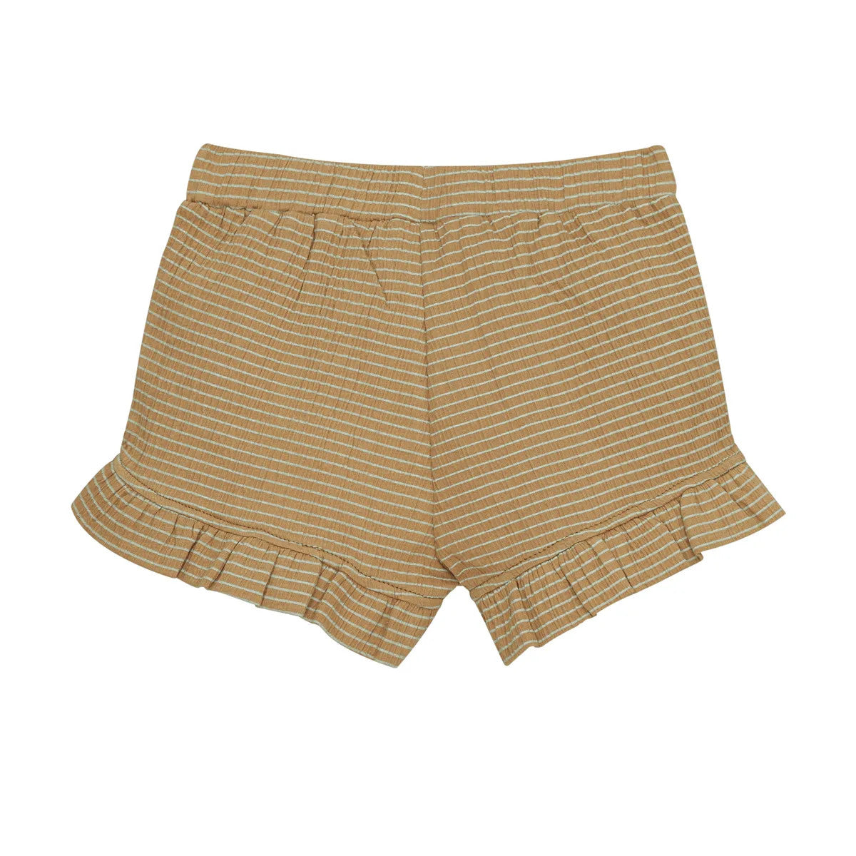 Hellbraune Shorts mit dünnen weißen Querstreifen, einem elastischen Bund und gerafften Säumen an den Beinöffnungen auf weißem Grund.