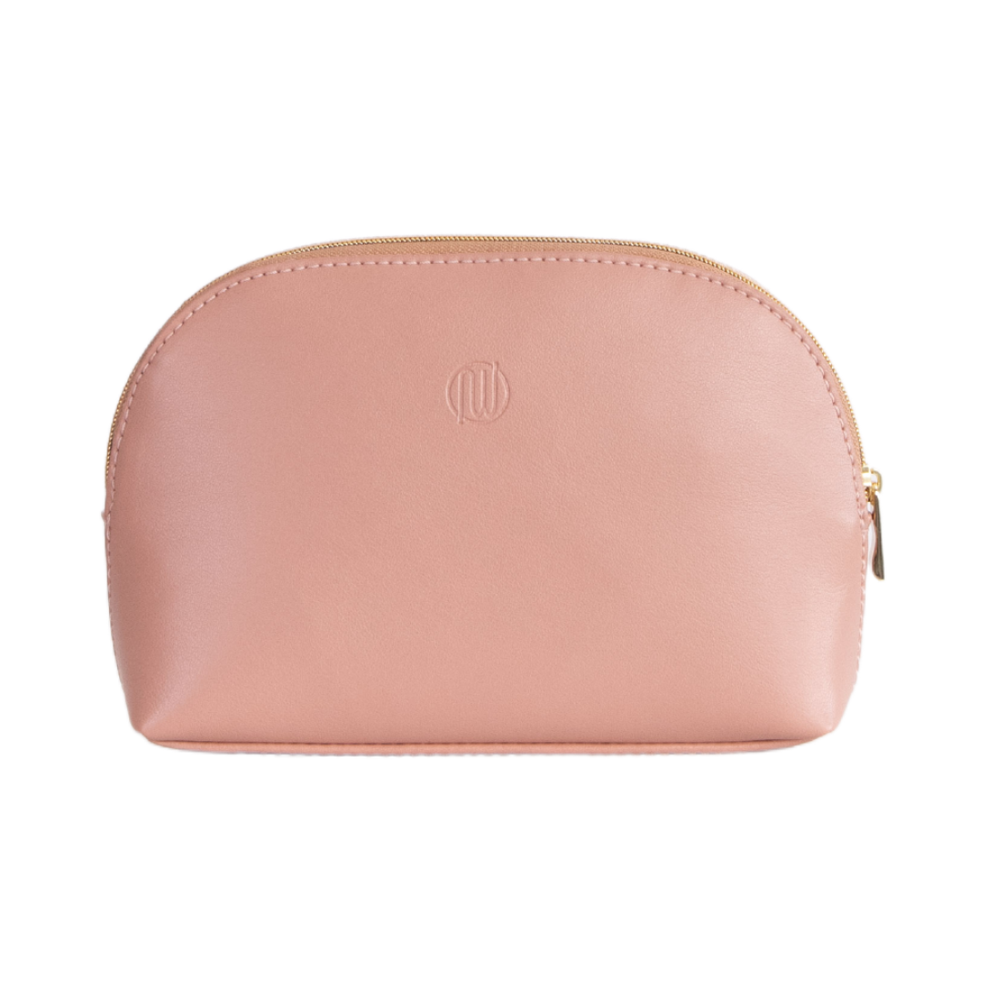 Rosa Kosmetiktasche mit halbkreisförmigem Design und goldenem Reißverschluss.