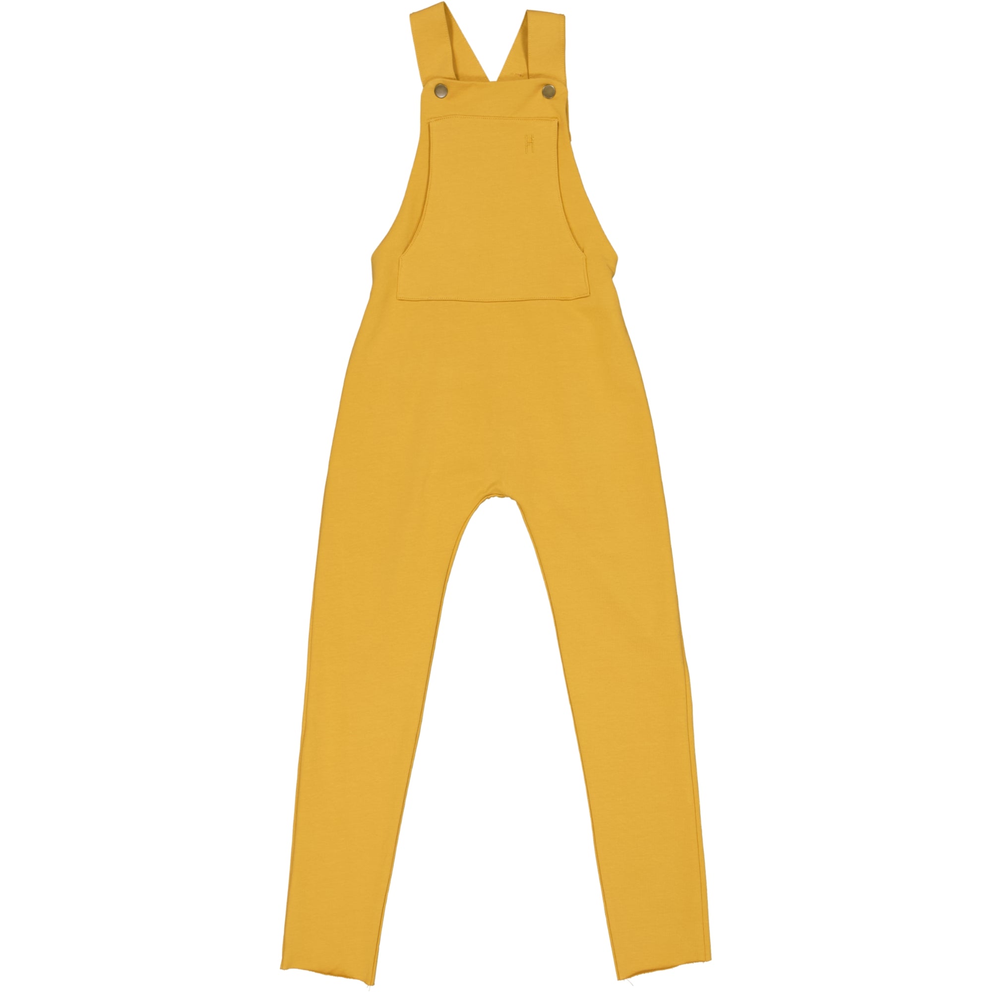Gelber Overall mit verstellbaren Schulterträgern, einer Brusttasche vorne und einer langen Hose. Die Latzhose hat seitliche Knöpfe an der Oberseite und ist flach vor einem weißen Hintergrund abgebildet.