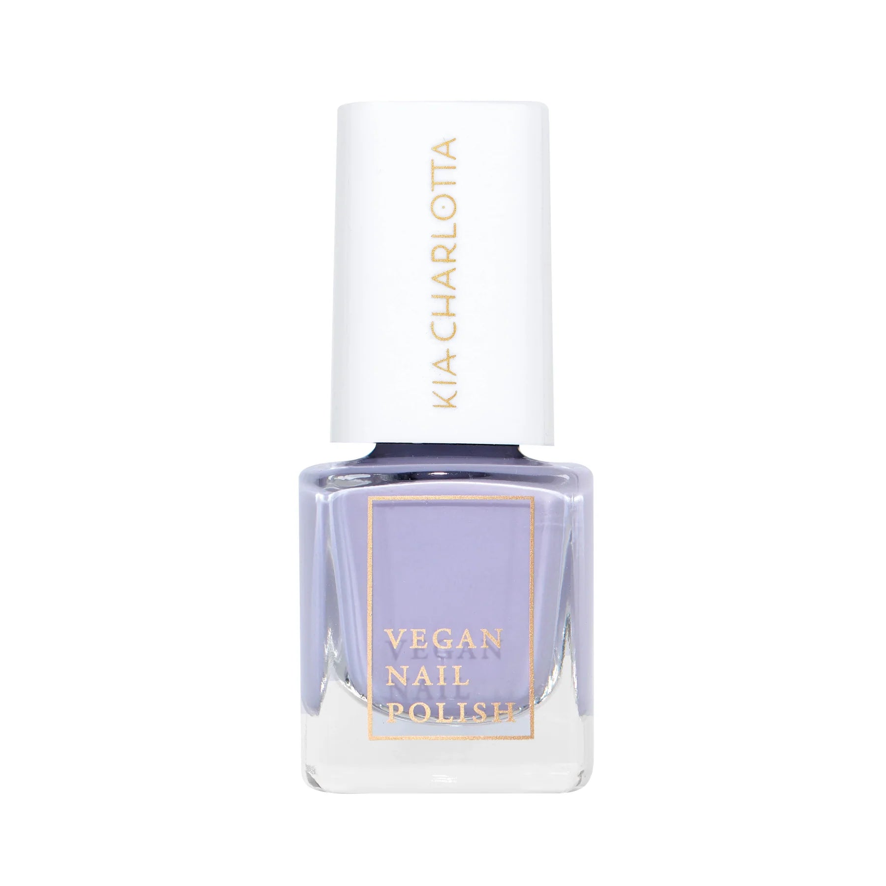 Flasche veganer Nagellack in hellem Lavendelton mit weißem Verschluss und goldener Aufschrift.