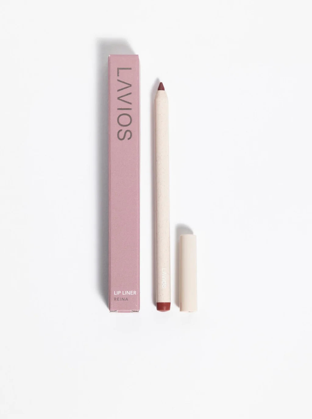 Rosa Verpackung und Lipliner mit Kappe auf weißem Hintergrund, beschriftet mit "LAVIOS" und "Lip Liner Reina".