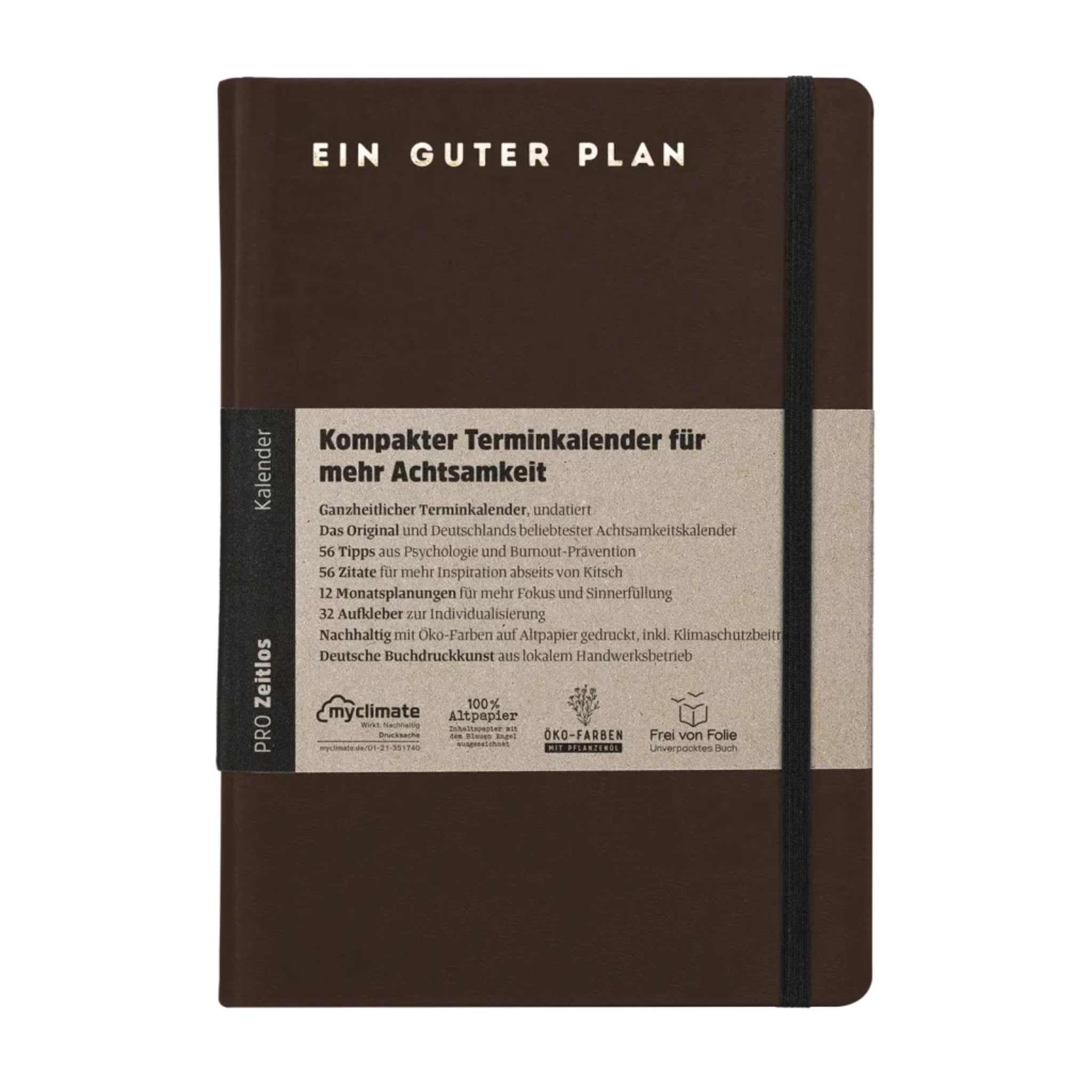 Brauner Terminplaner mit Schriftzug "EIN GUTER PLAN" und Papierbanderole, die Details zu Inhalt und Nachhaltigkeit zeigt.