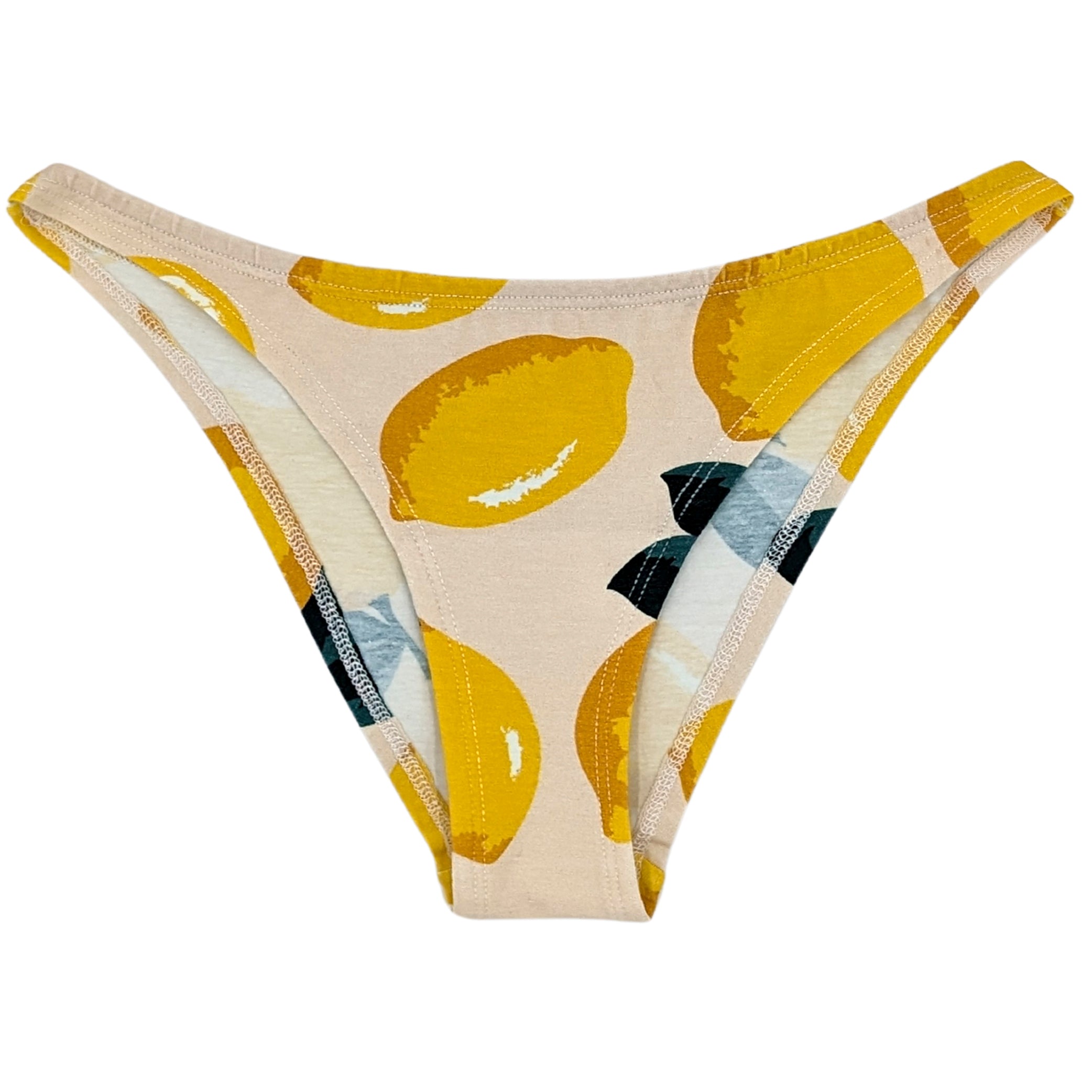 Hellrosa Bikinihose mit gelbem Zitronenmotiv und schwarzen Akzenten.