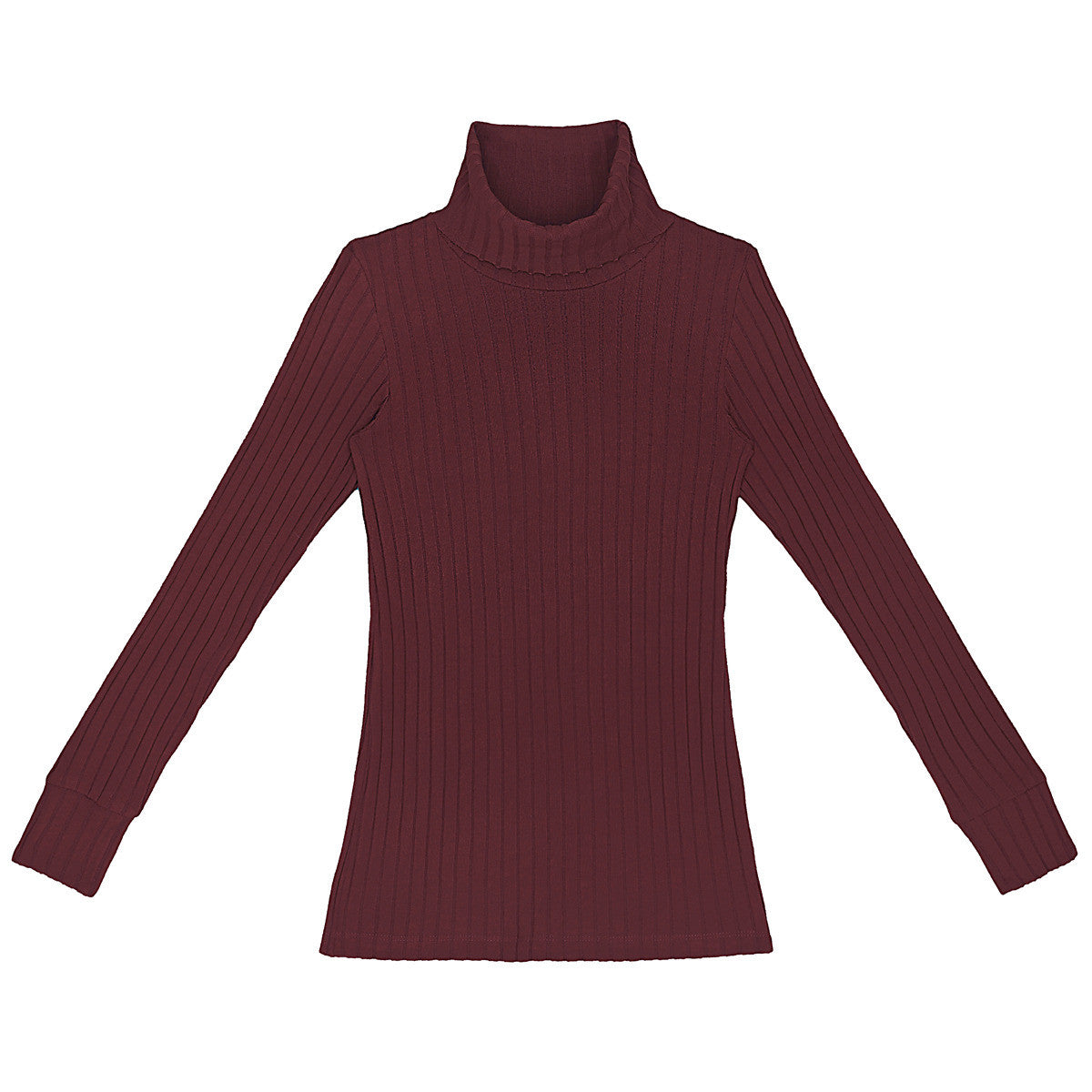 Ein langärmeliger, gerippter bordeauxfarbener Rollkragenpullover auf weißem Hintergrund.