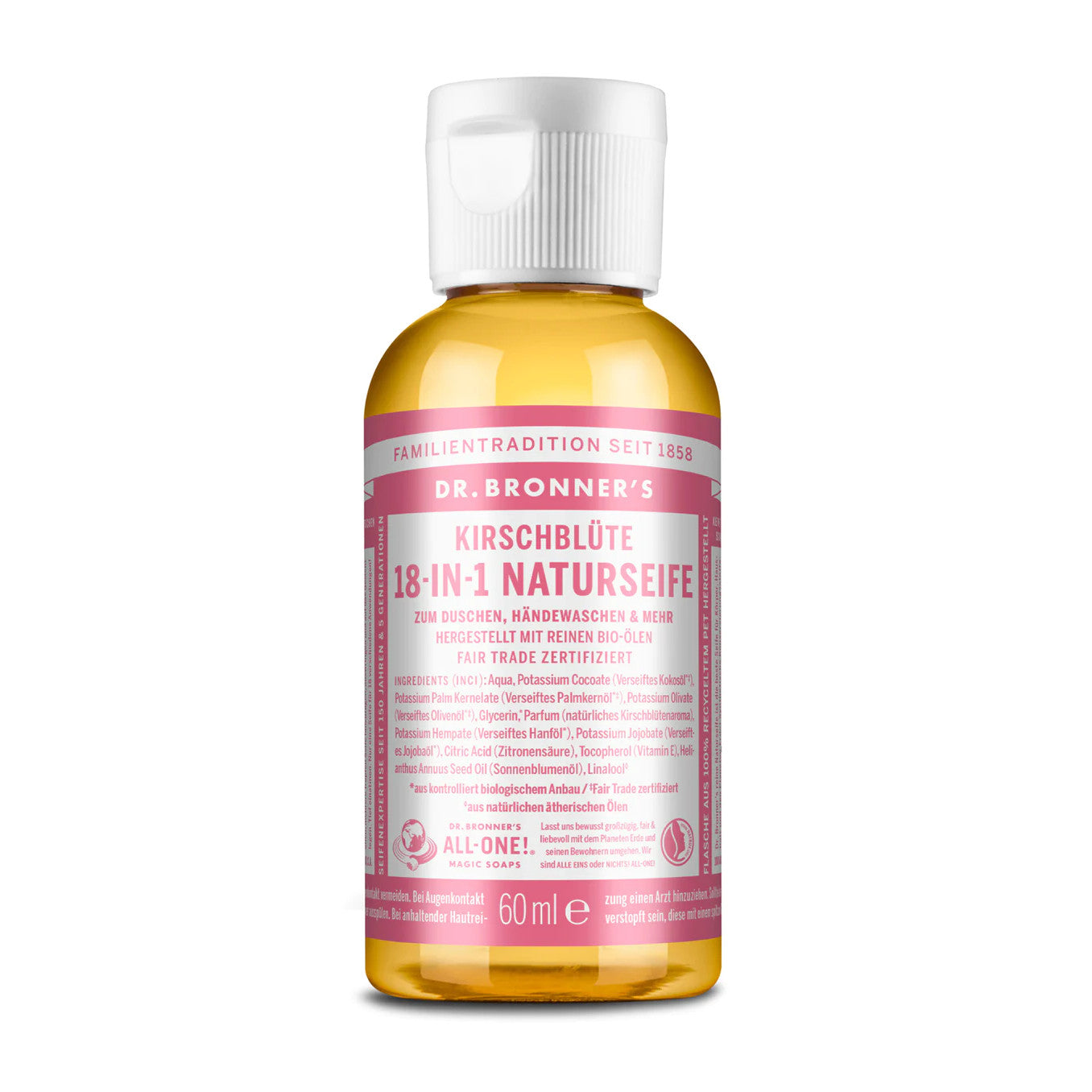 Flasche Dr. Bronner's 18-In-1 Kirschblüte Naturseife, 60 ml, mit rosa Etikett und Fair Trade Zertifizierung.