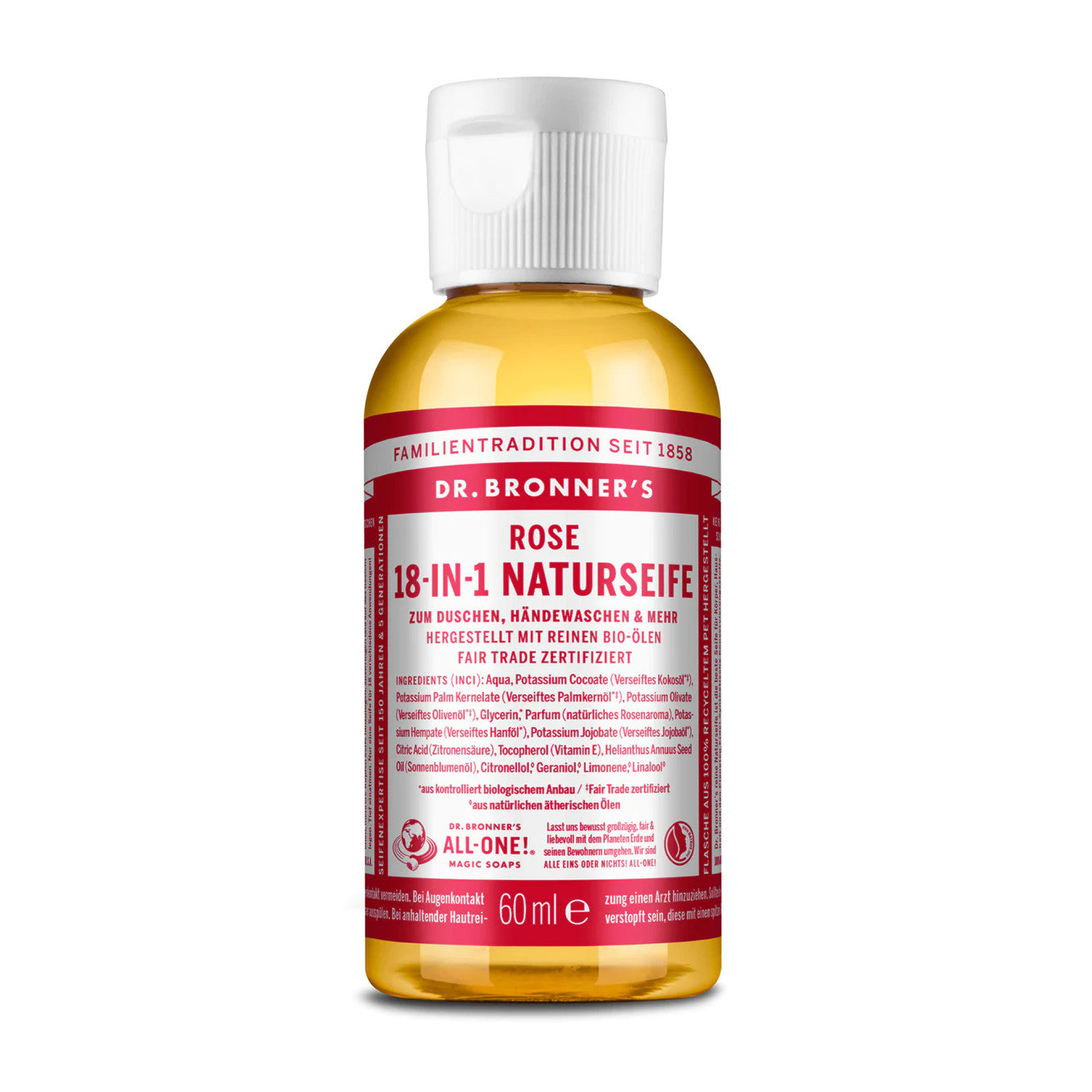 Flasche Dr. Bronner’s 18-in-1 Naturseife Rose, 60 ml, mit rotem Etikett und weißem Deckel.