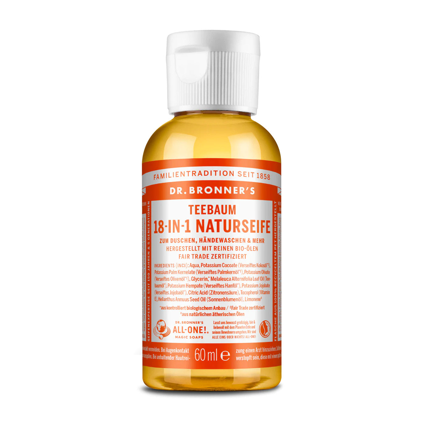 Flasche Dr. Bronner's 18-in-1 Teebaum Naturseife mit orangefarbenem Etikett und weißen Details, 60 ml.