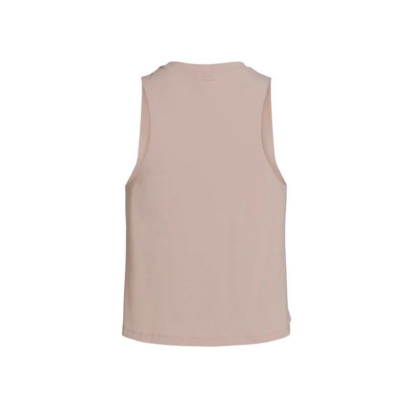 Ein hellbeiges, ärmelloses Tank-Top, das von hinten vor einem weißen Hintergrund gezeigt wird. Das Oberteil hat ein einfaches, schlichtes Design ohne sichtbare Muster oder Verzierungen.
