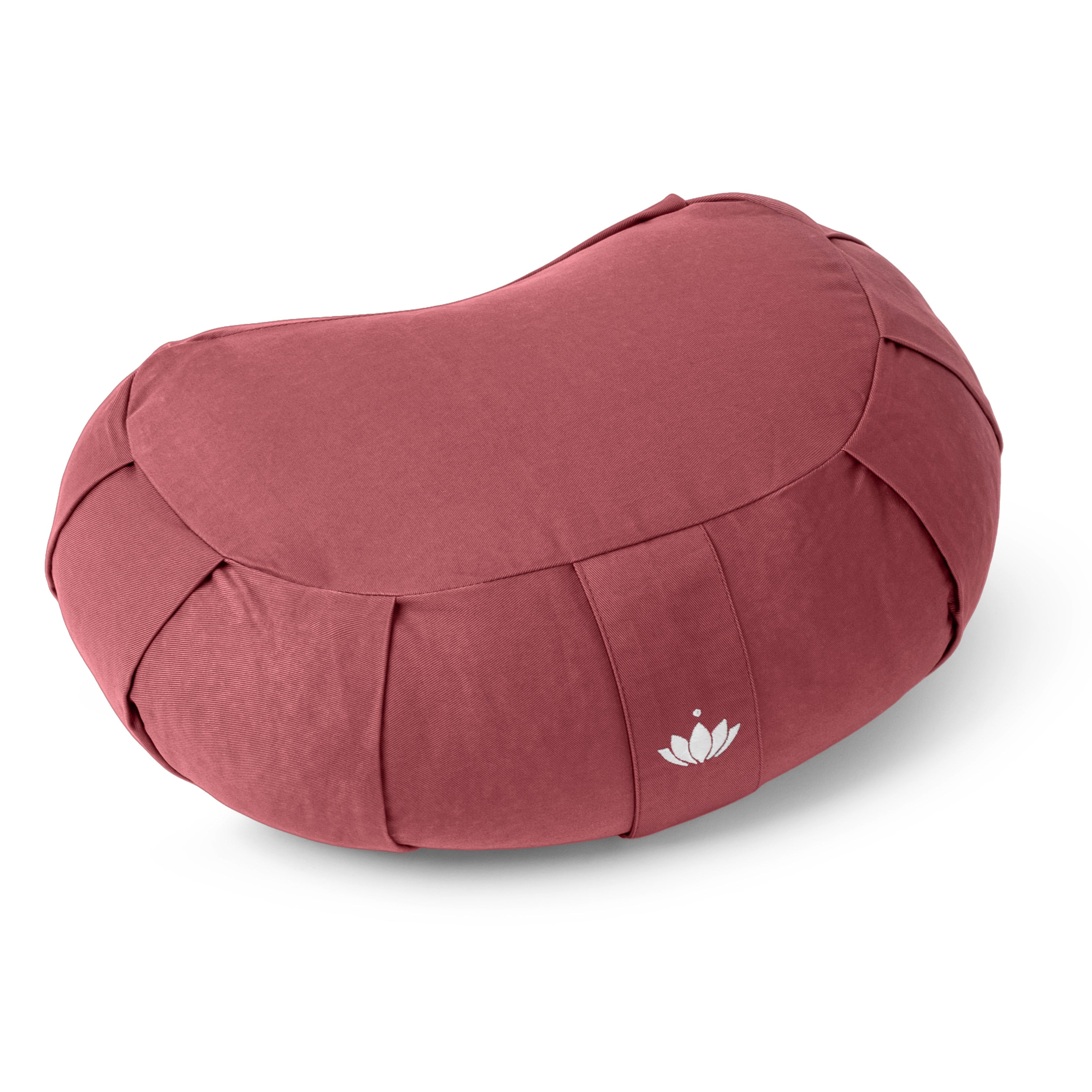 Rotes, bohnenförmiges Meditationskissen mit einem weißen Lotus-Symbol auf der Vorderseite.