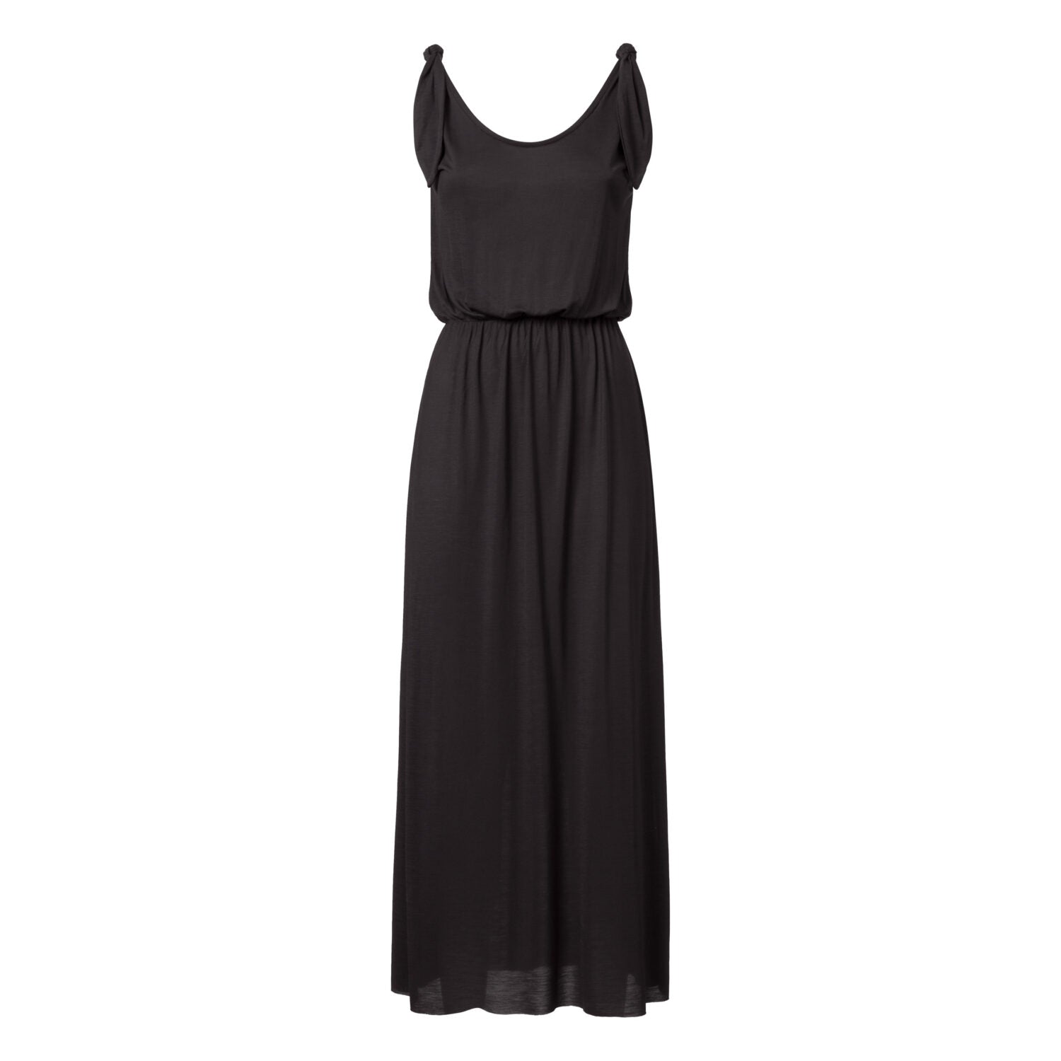 Schwarzes ärmelloses Maxikleid mit elastischer Taille und geschwungenem Ausschnitt vor weißem Hintergrund.