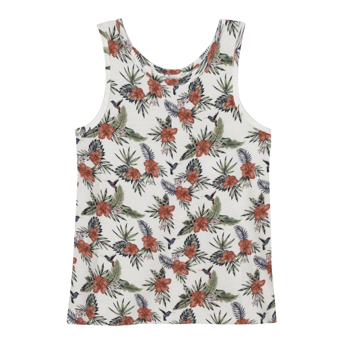 Ärmelloses weißes Tank-Top mit einem floralen Allover-Muster aus orange-roten Blüten, grünen Blättern und dunkelblauen Akzenten. Das Shirt liegt flach auf einem einfarbigen Hintergrund.