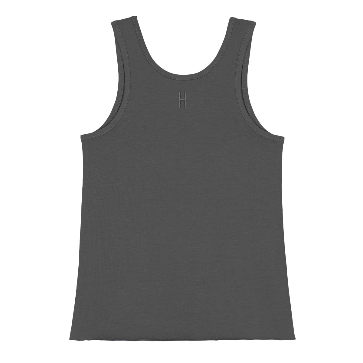 Ein schlichtes dunkelgraues Tank-Top liegt flach, von vorne gesehen. Das Tank-Top hat ein einfaches, ärmelloses Design mit einem Rundhalsausschnitt und einem kleinen, dezenten H-Logo in der Mitte des Kragens.