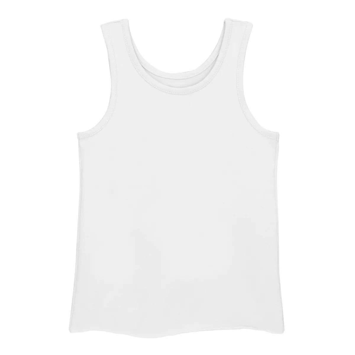 Ein schlichtes weißes ärmelloses Tank-Top liegt flach auf einem weißen Hintergrund, ohne sichtbare Logos oder Muster.