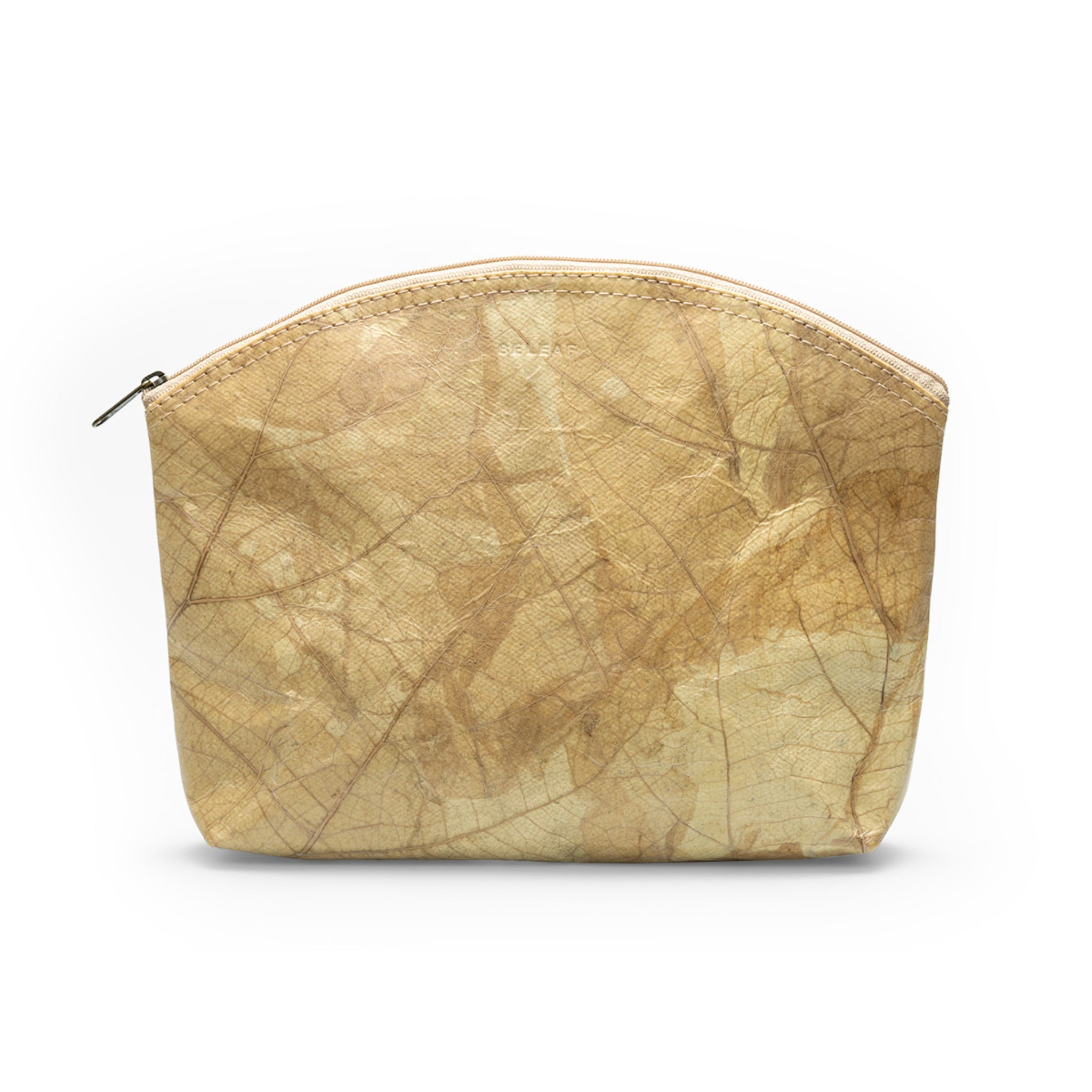 Naturfarbene Kosmetiktasche mit Blattmuster und Reißverschluss.