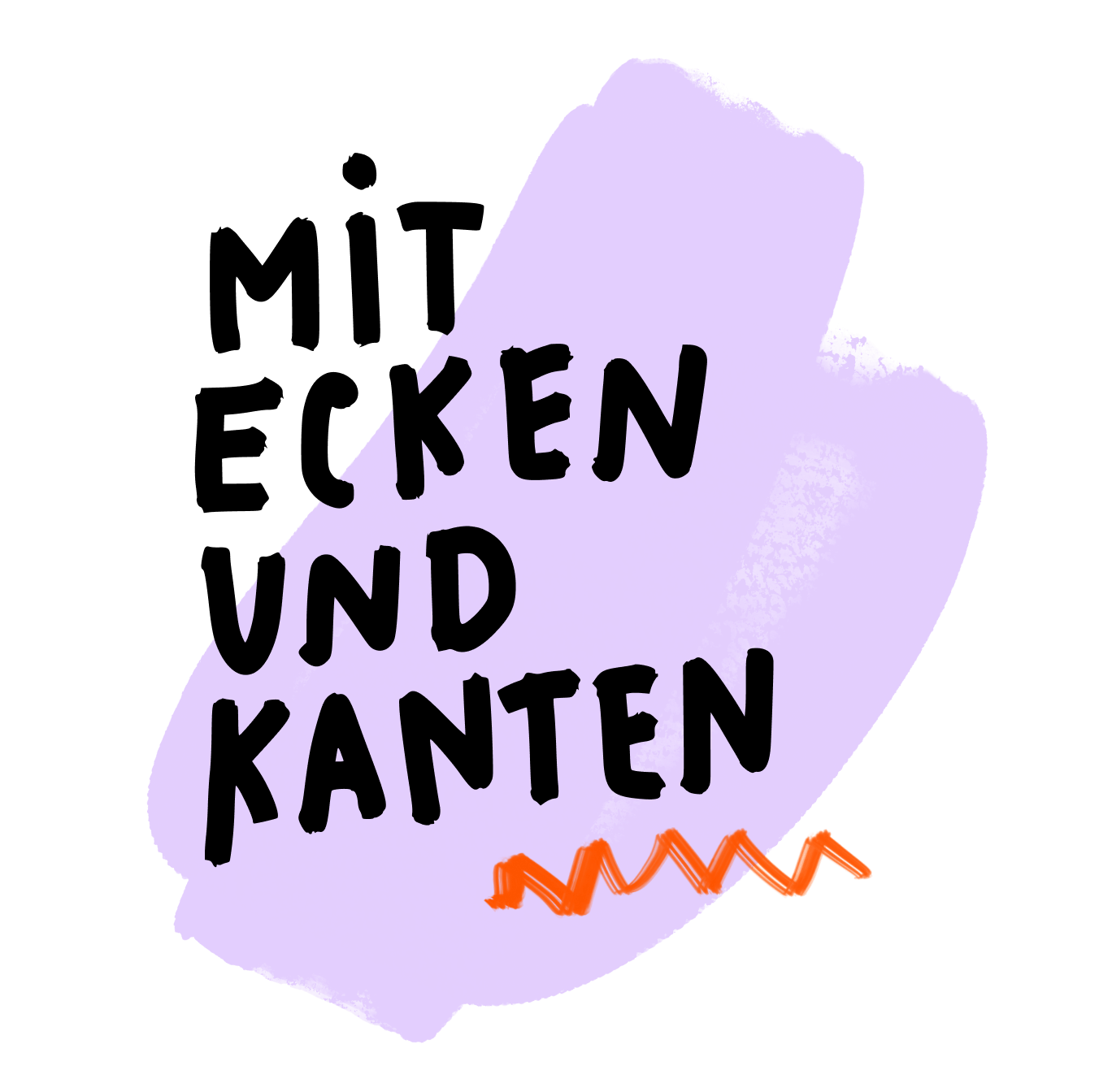 Lila Hintergrund mit dem Text "Ecken und Kanten" in Schwarz, darunter ein oranger Zickzack.