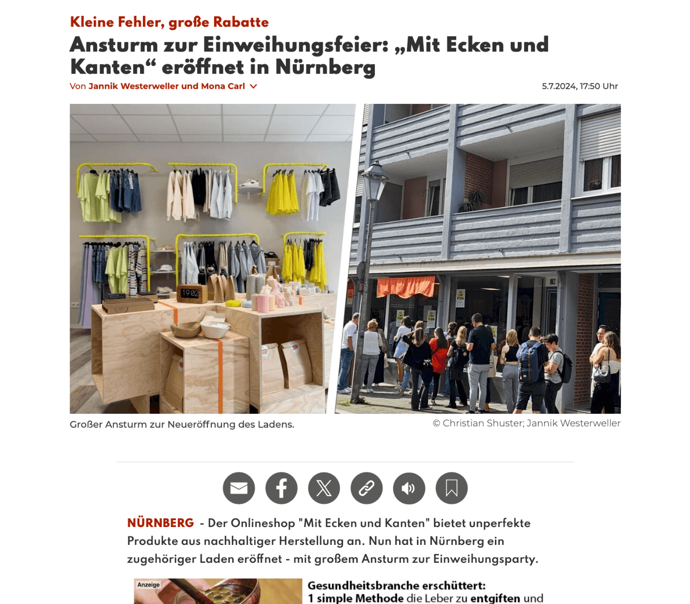 Collage aus einem Geschäft mit Kleidung und einer Menschenschlange bei der Eröffnung eines Ladens in Nürnberg.