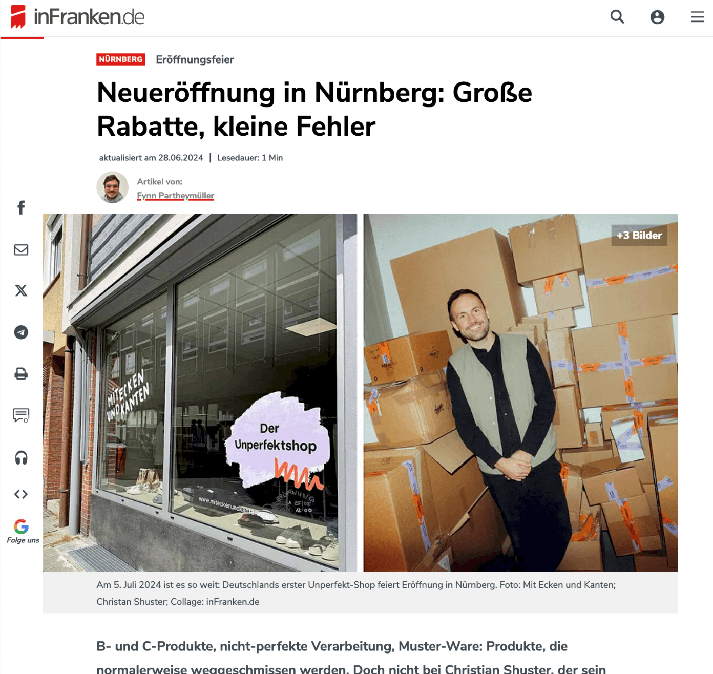 Außenansicht des Unperfektshops in Nürnberg mit einer Person neben gestapelten Kartons stehend.