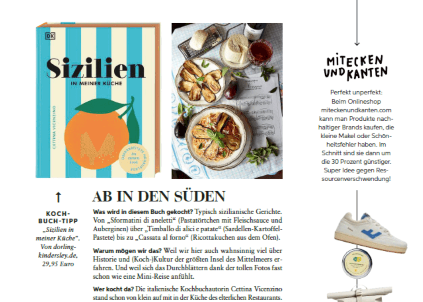 Kochbuch "Sizilien in meiner Küche", mit Teller italienischer Gerichte, Käse und Wein, neben einer Einkaufsempfehlung.