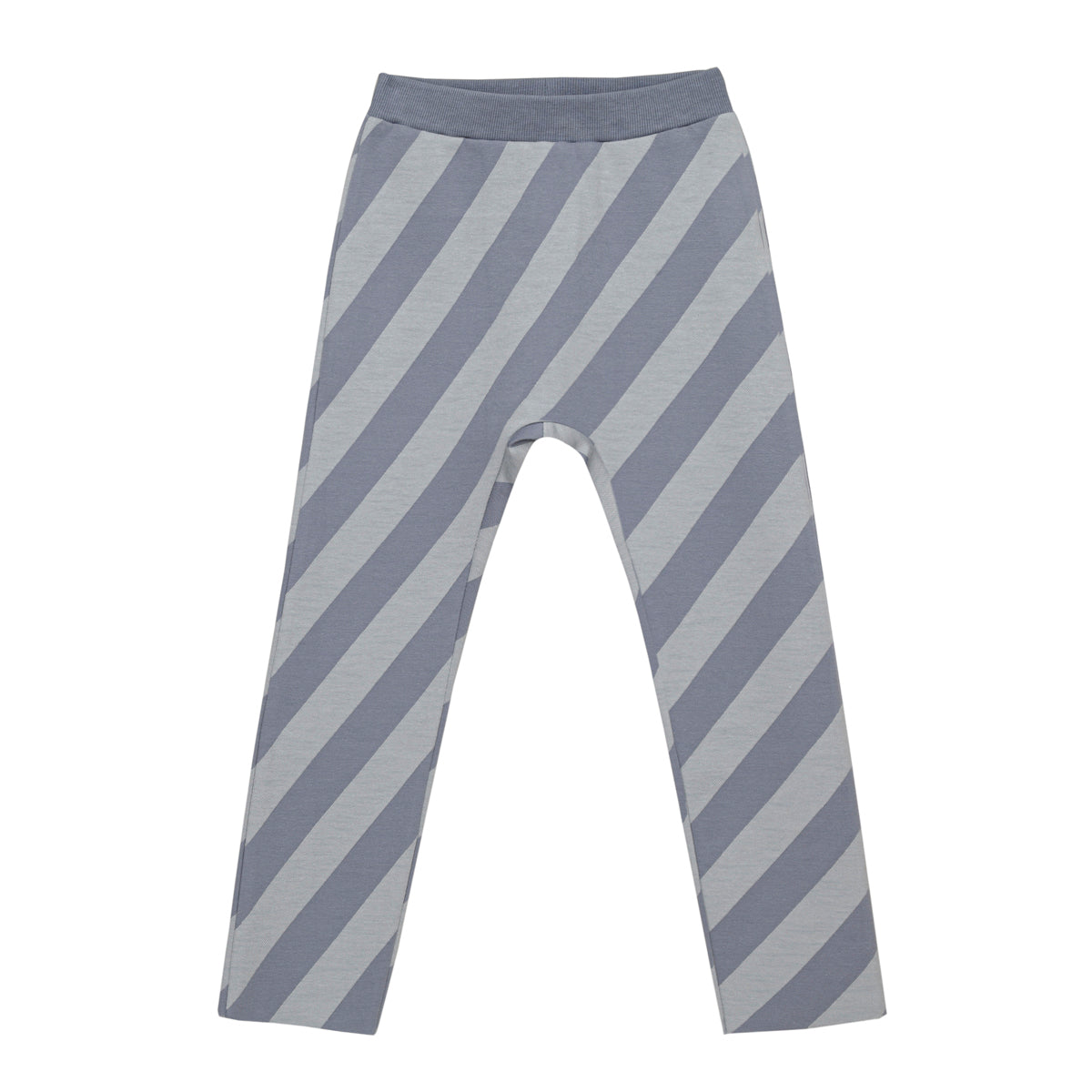 Graue und hellgraue gestreifte Leggings mit diagonalen Streifen, flach auf weißem Hintergrund dargestellt. Die Leggings haben einen elastischen Bund und durchgehende Beine.