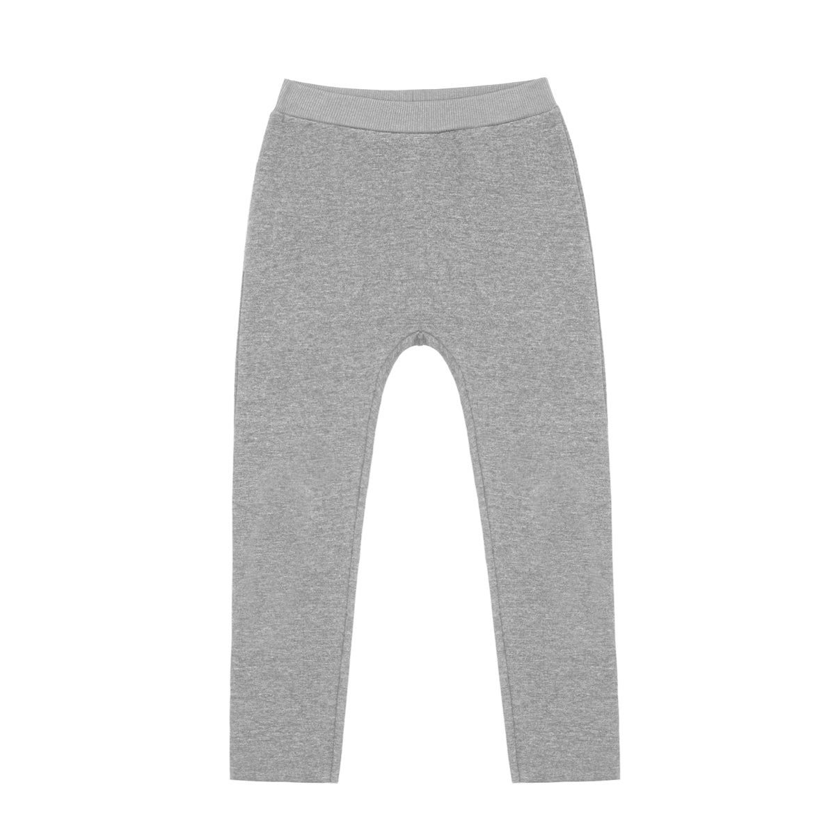 Graue, bodenlange Leggings auf weißem Grund mit elastischem Bund und schlichtem, schnörkellosem Design.