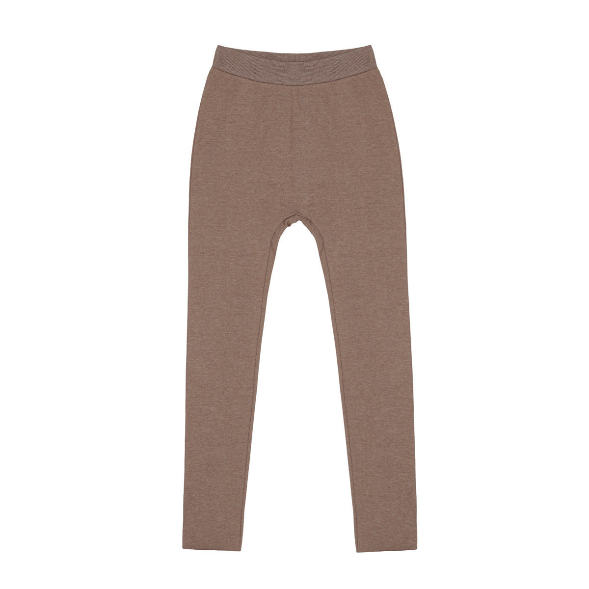 Ein Paar brauner Leggings mit hoher Taille in voller Länge liegt flach auf einem weißen Hintergrund.