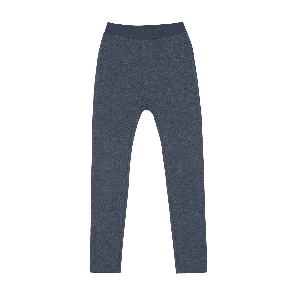 Dunkelblaue, bodenlange Leggings, die flach auf weißem Grund abgebildet sind und ein einfaches Design mit einem elastischen Bund ohne sichtbare Muster oder Verzierungen aufweisen.