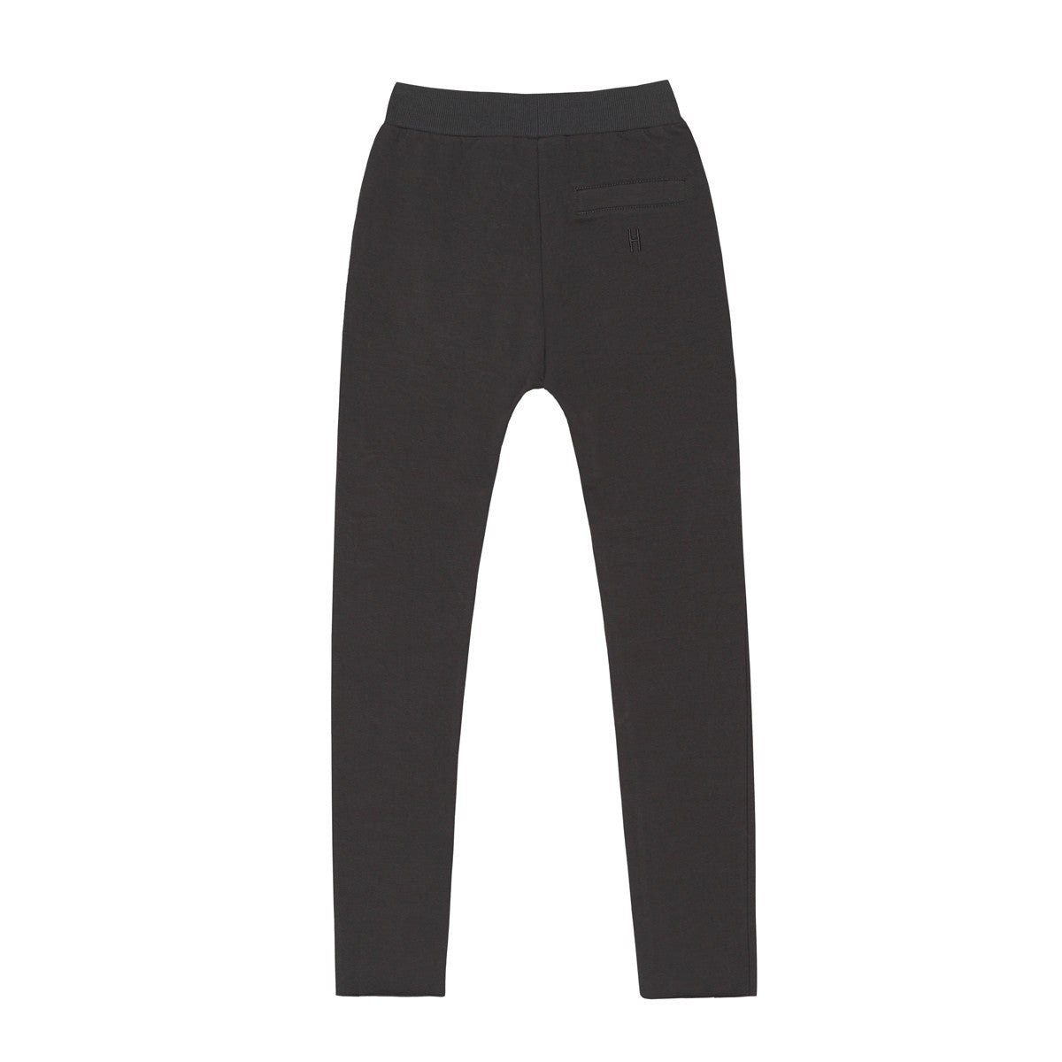 Schwarze Slim-Fit-Hose, von hinten gesehen, mit einer einzigen Tasche auf der rechten Seite und einem elastischen Bund. Die Hose hat ein einfaches, schlichtes Design und keine sichtbaren Logos oder Muster.