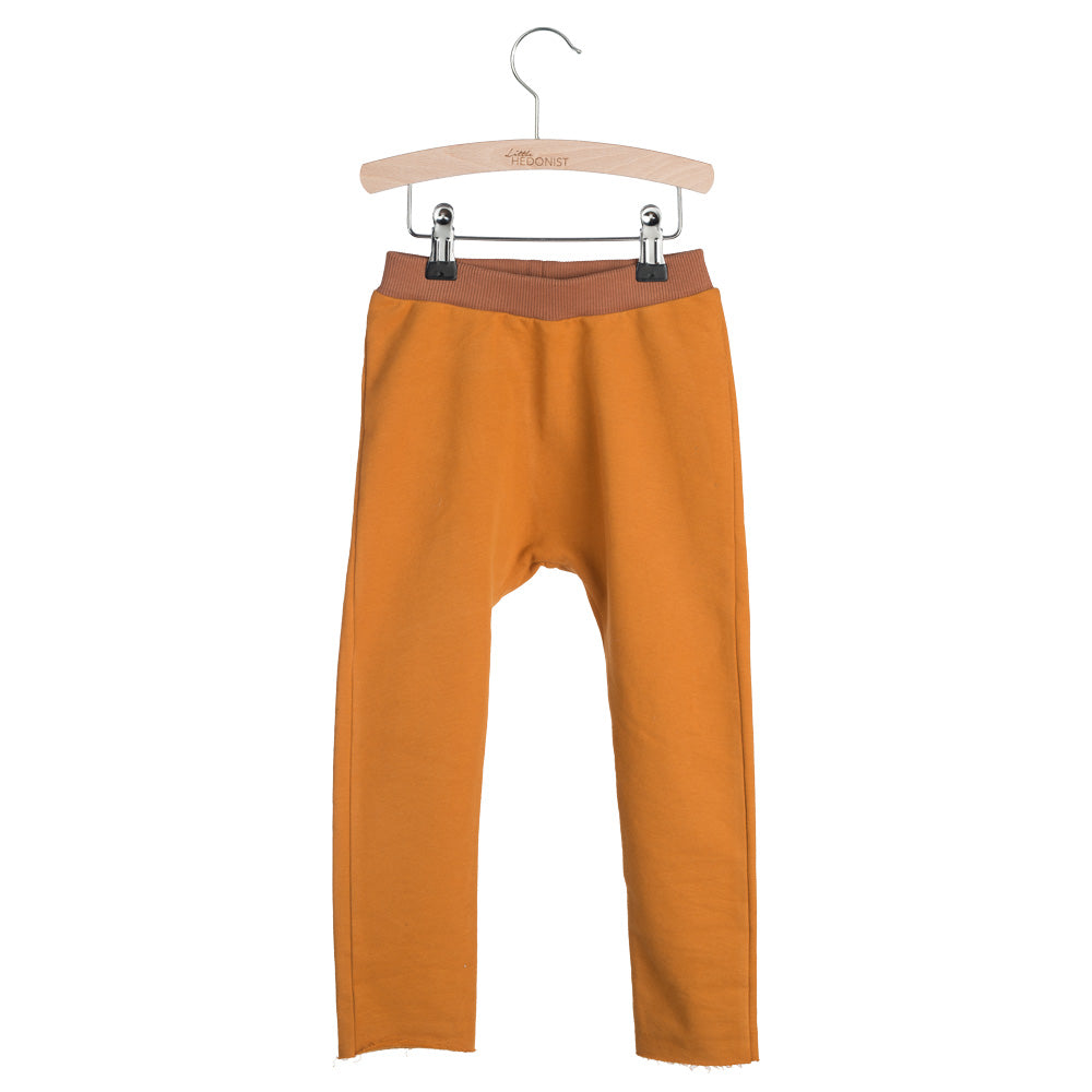 Ein Paar orangefarbene Kinderleggings mit braunem Gummibund, aufgehängt an einem Holzbügel vor weißem Hintergrund.