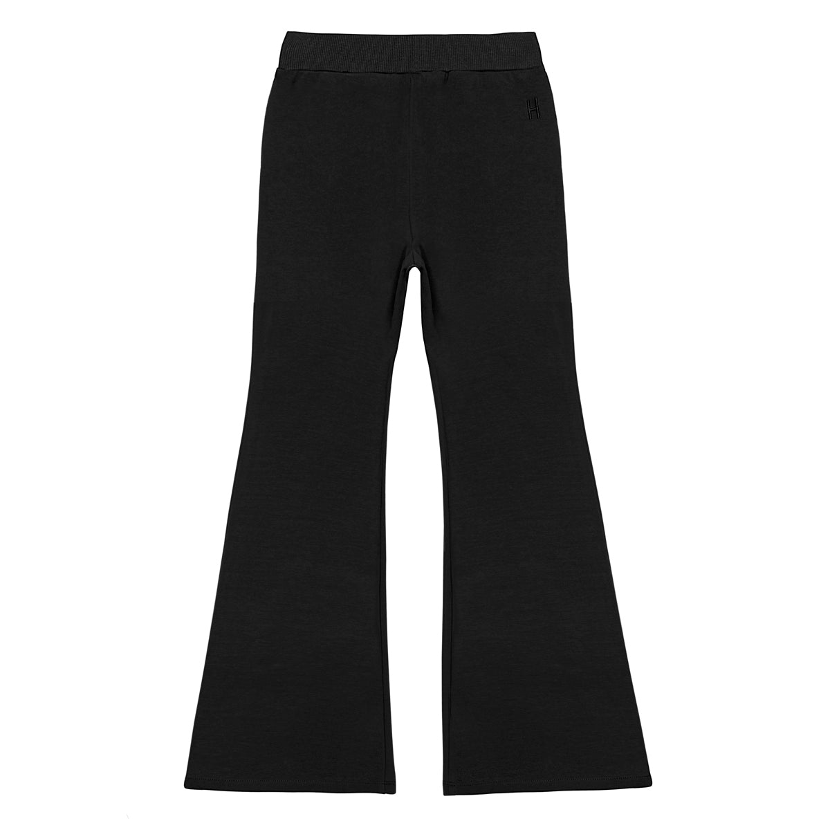Schwarze Schlaghose mit hoher Taille und weitem Bein, flach auf weißem Grund.