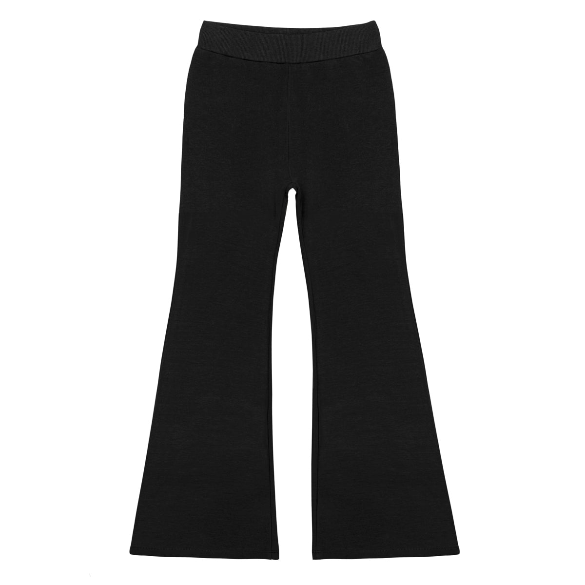 Schwarze Schlaghosen mit elastischem Bund, flach auf weißem Hintergrund gelegt. Die Hose hat weite Beine, die von den Knien abwärts breiter werden.