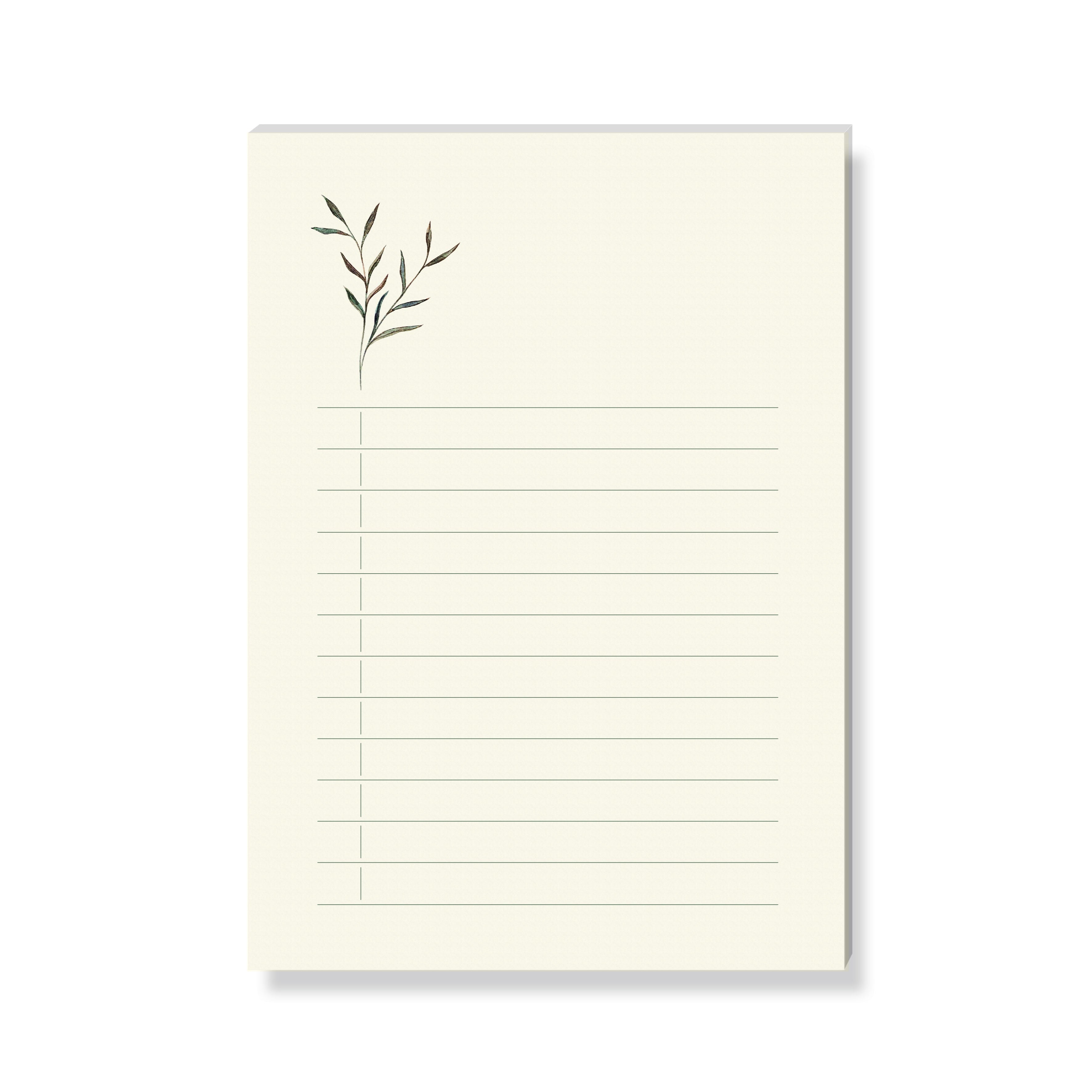 Beiges Briefpapier mit grünen Linien und einem zarten Pflanzenmotiv in der oberen linken Ecke.