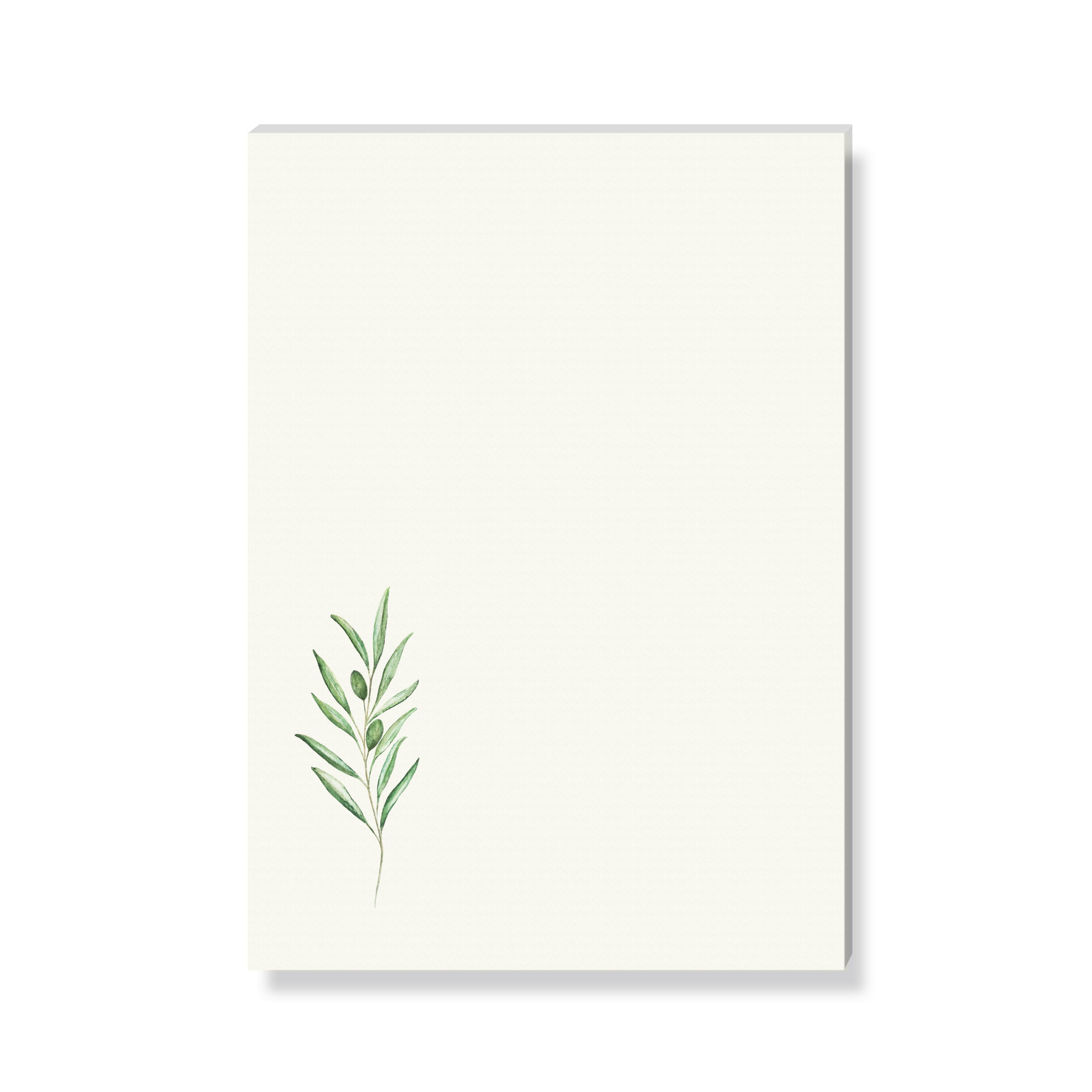 Weiße Leinwand mit einem einfachen Zweigmotiv in der unteren linken Ecke.