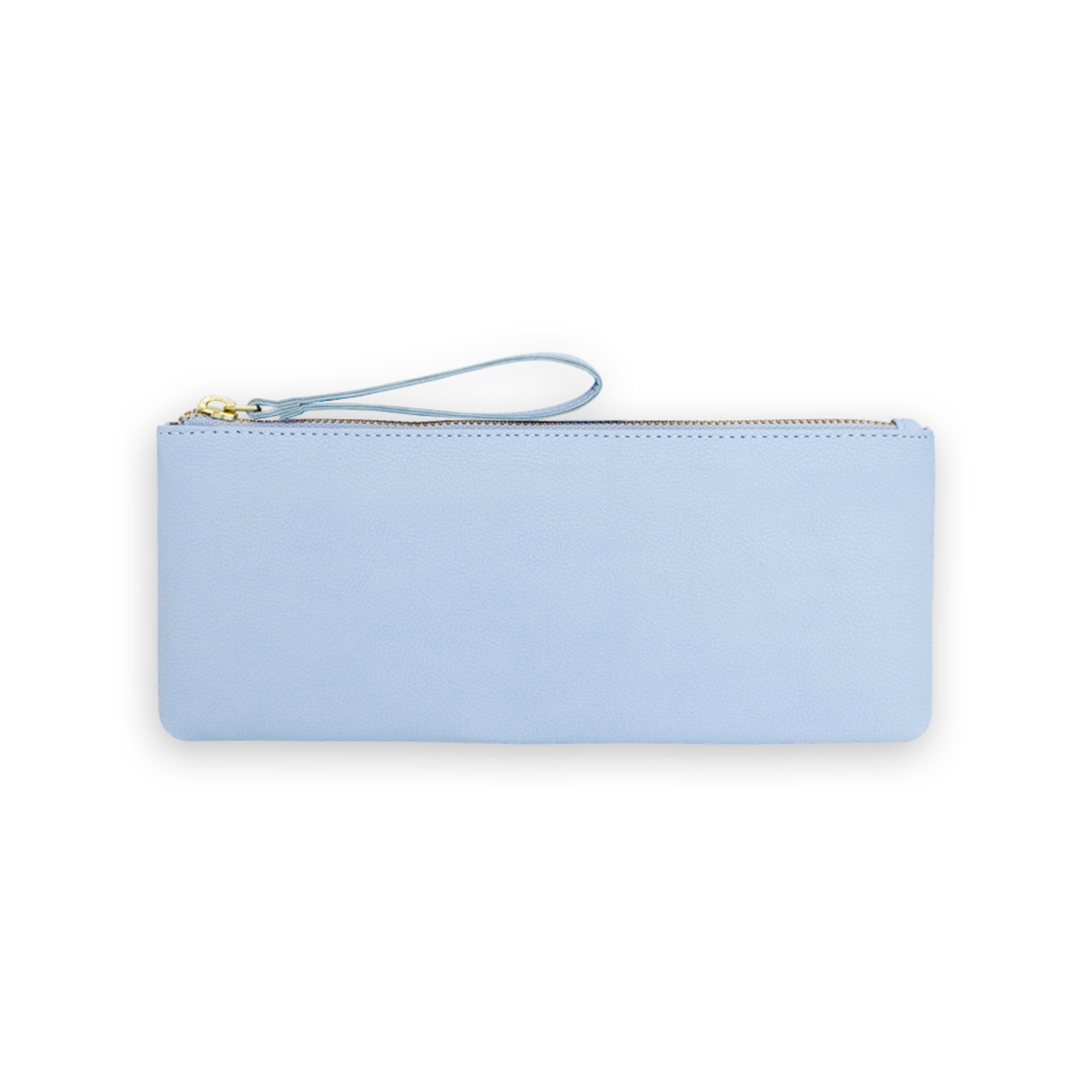 Hellblaue Leder-Clutch mit Reißverschluss und Handschlaufe vor weißem Hintergrund.