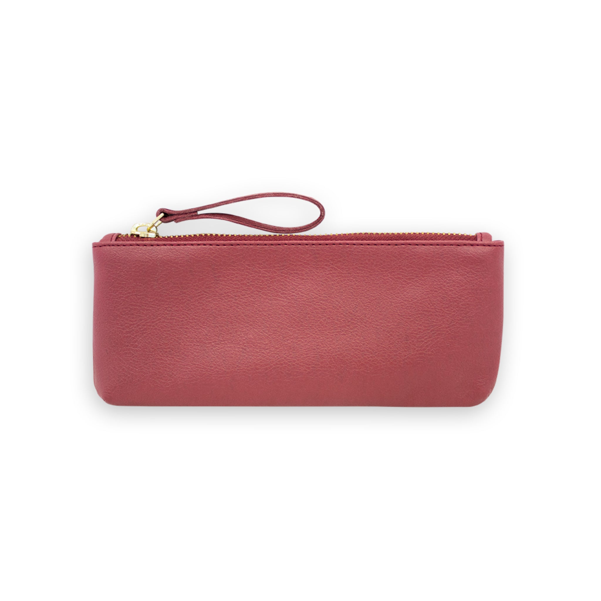 Rote Lederhandgelenktasche mit goldfarbenem Reißverschluss und Schlaufe, vor einem weißen Hintergrund.